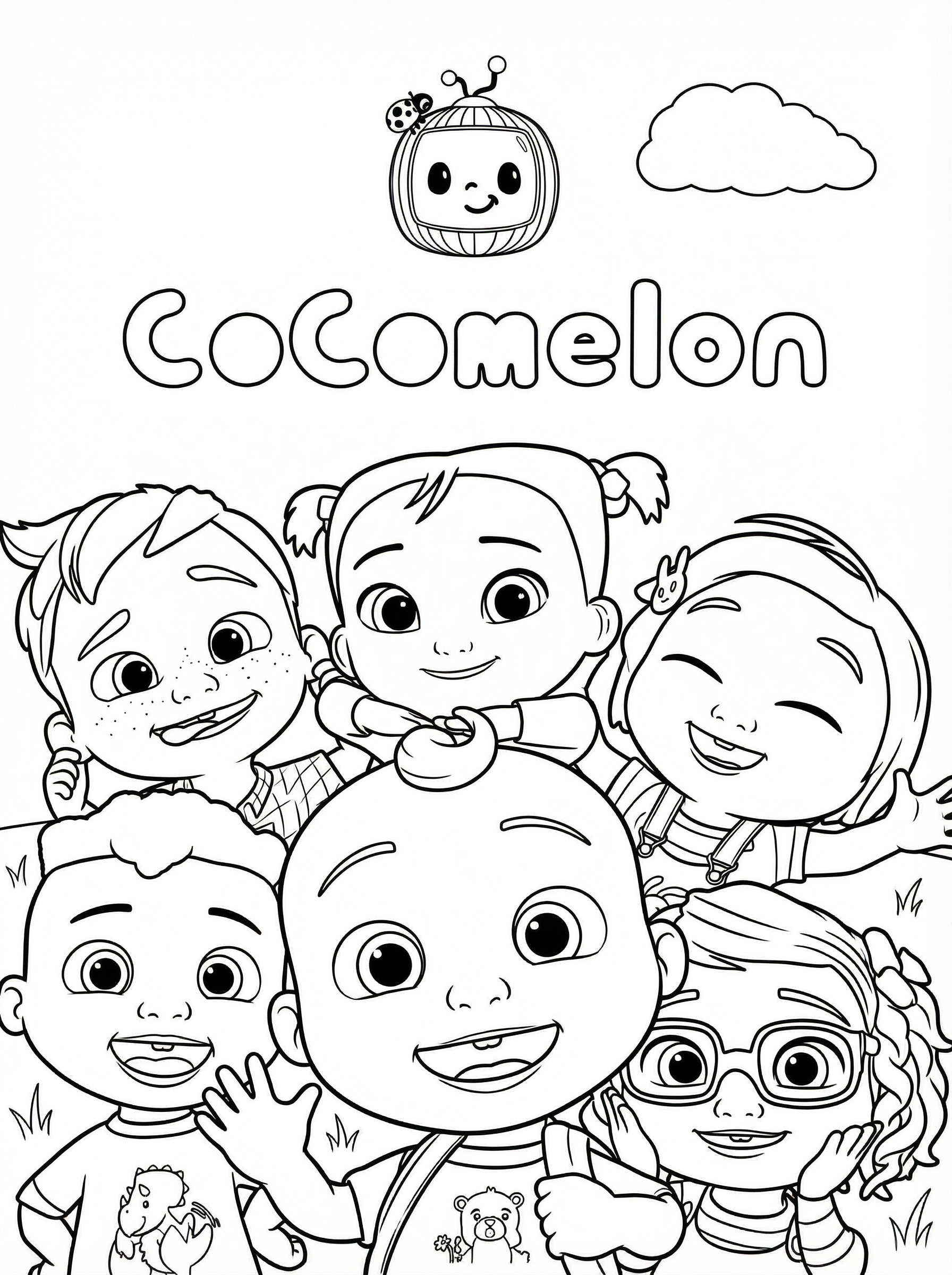 Cocomelon colouring page showing JJ and his friends smiling together with the Cocomelon logo and cloud above