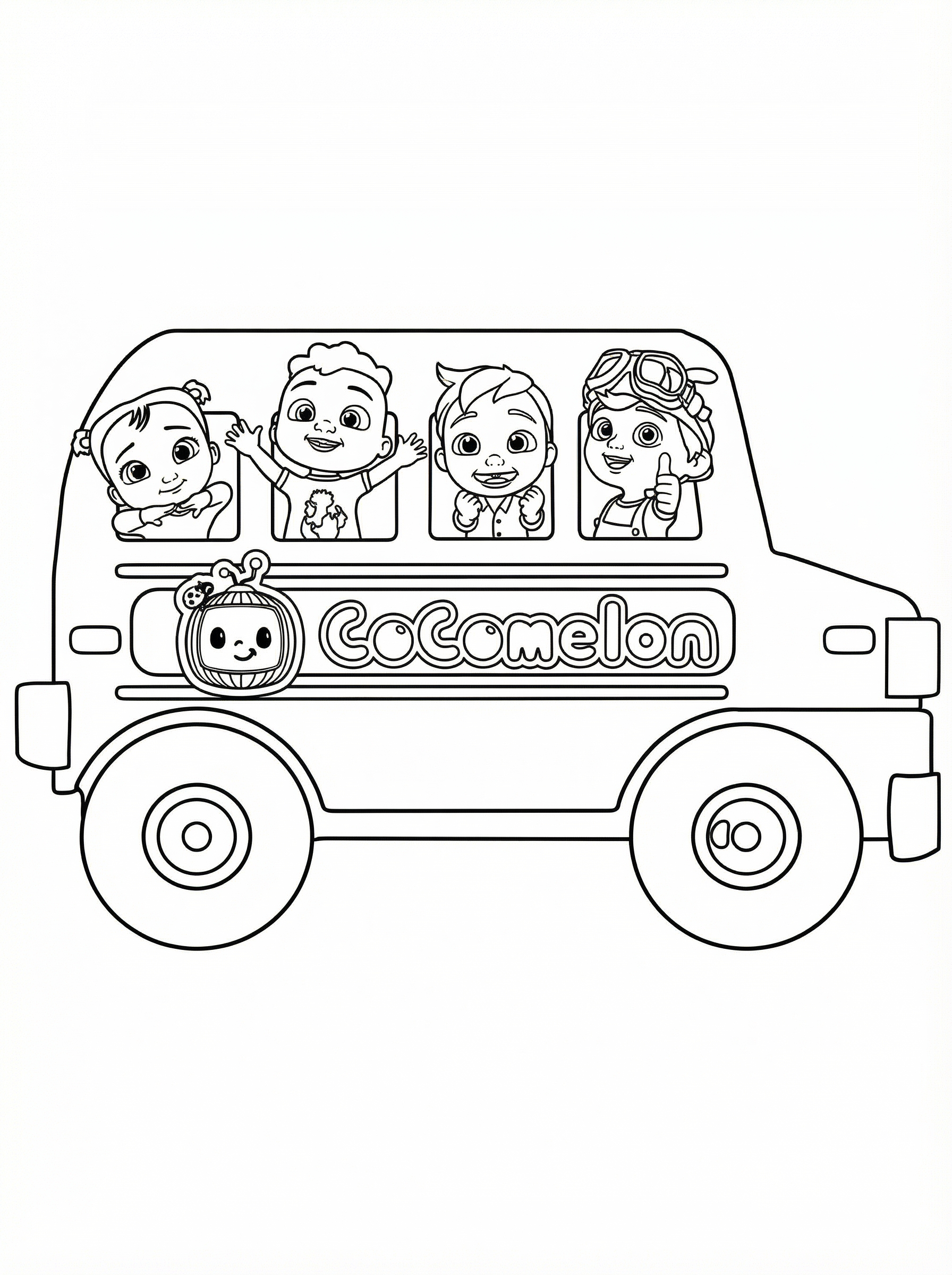 Cocomelon bus colouring page showing four children characters including JJ looking out of bus windows with the Cocomelon logo and watermelon mascot on the side