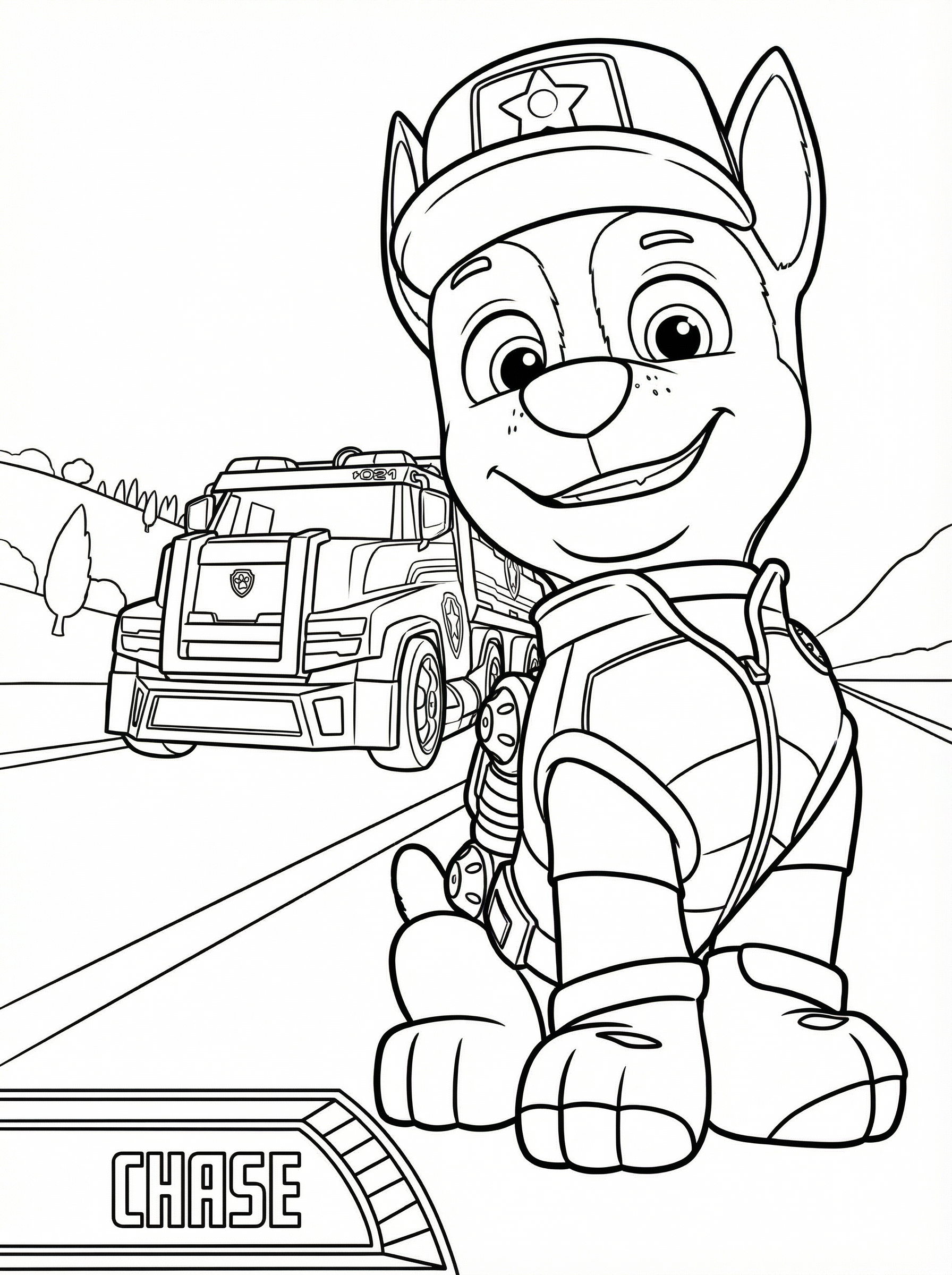 Colouring page featuring Chase the police dog from Paw Patrol wearing his police uniform and cap, sitting in front of his police truck