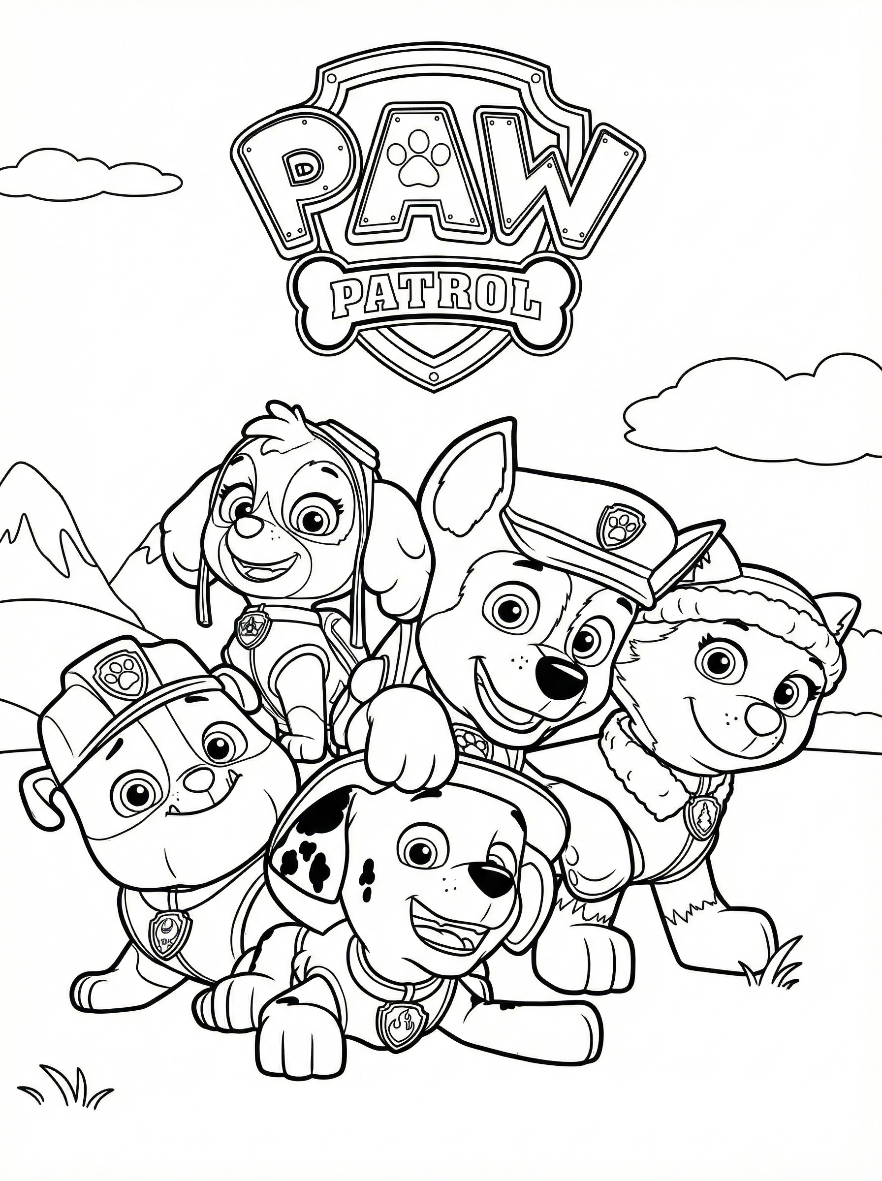 Paw Patrol colouring page showing Chase, Marshall, Skye, Rubble and other pups grouped together with the Paw Patrol logo above them