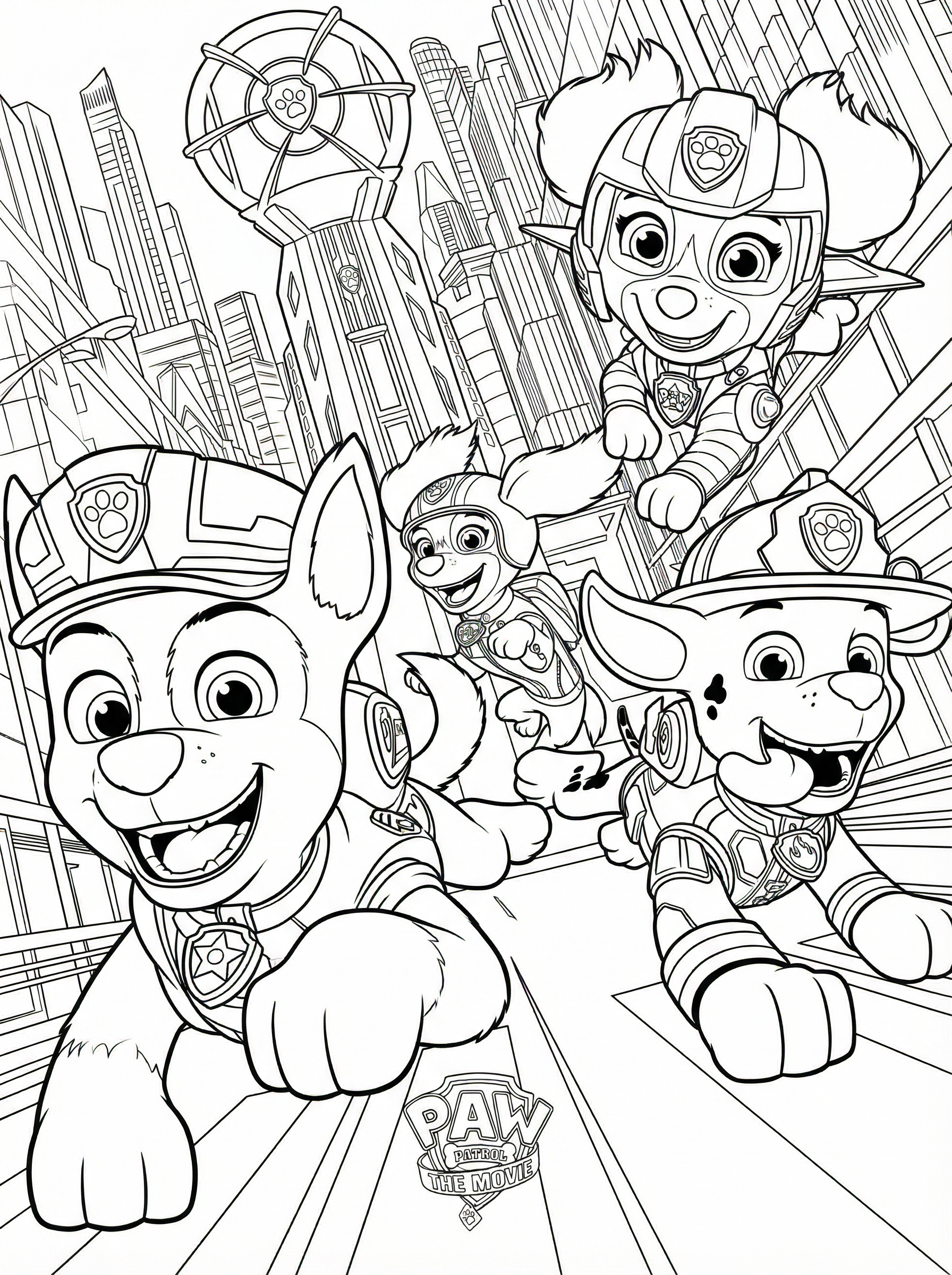 Paw Patrol: The Movie colouring page showing Chase, Marshall, Rubble and other pups in their superhero gear racing through Adventure City with buildings in the background