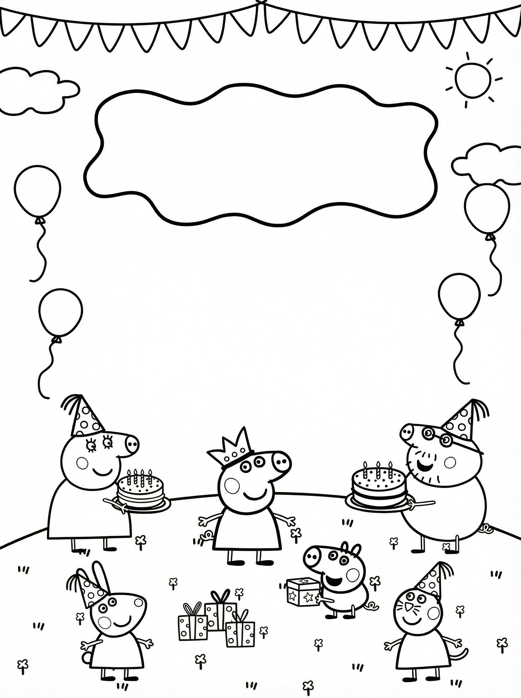 Peppa Pig birthday party colouring page showing Peppa and friends wearing party hats, holding birthday cakes, with balloons, bunting, and presents