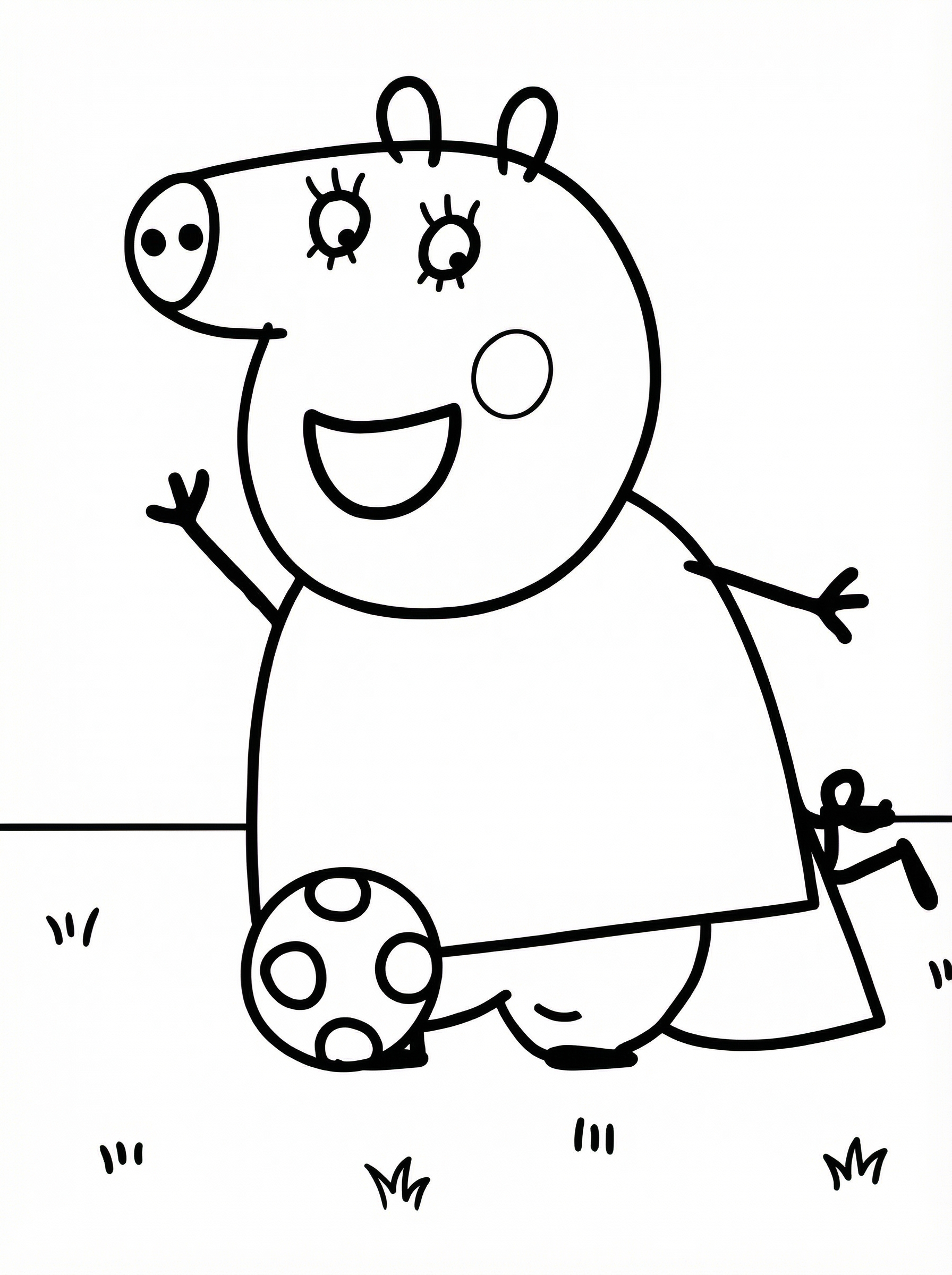 Black and white line drawing of Peppa Pig playing with a football, smiling with arms outstretched, suitable for colouring