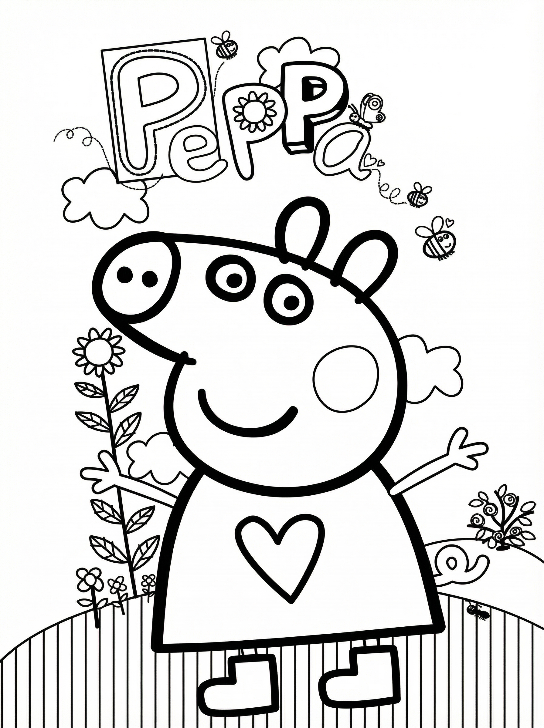 Peppa Pig colouring page showing Peppa standing in a garden with flowers, bees, and clouds
