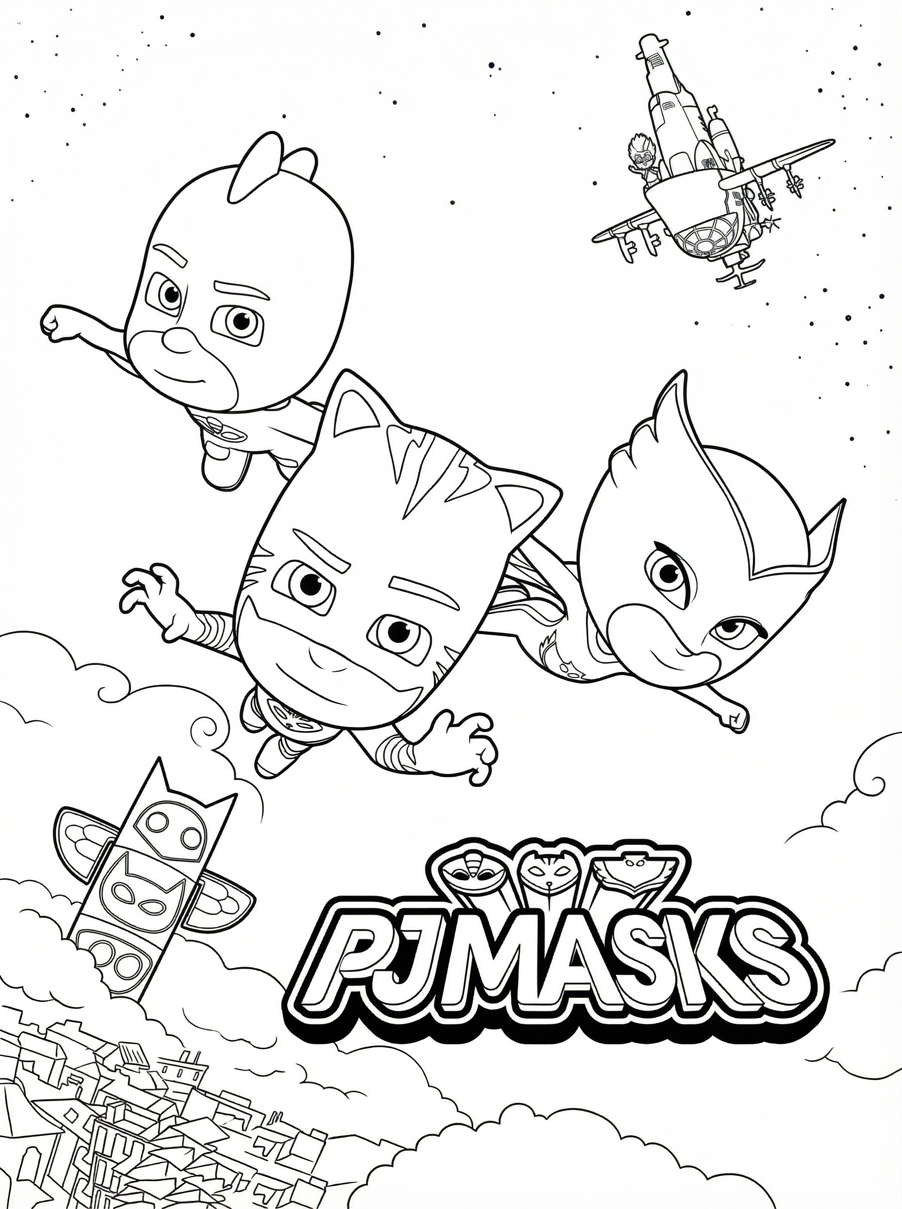 PJ Masks colouring page showing Catboy, Owlette, and Gekko flying through the night sky with their vehicles and the PJ Masks logo