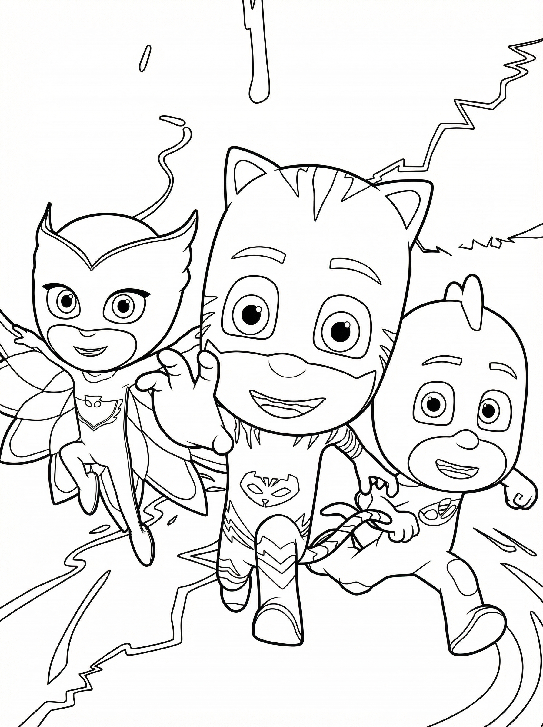Black and white colouring page showing PJ Masks characters Catboy, Owlette and Gekko in action poses with lightning bolts in the background