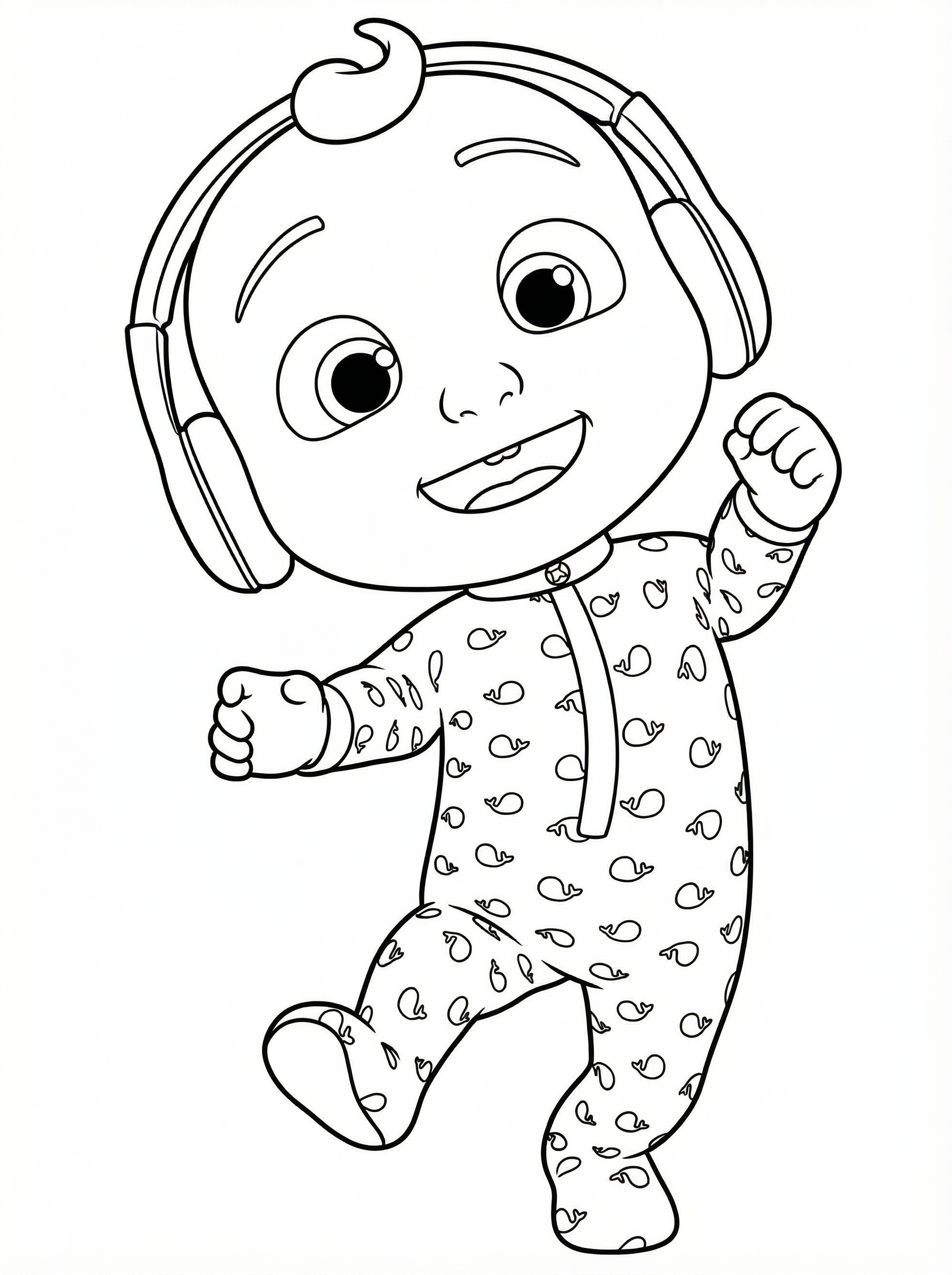 Colouring page of CoComelon baby character wearing headphones and patterned pyjamas with a cheerful expression