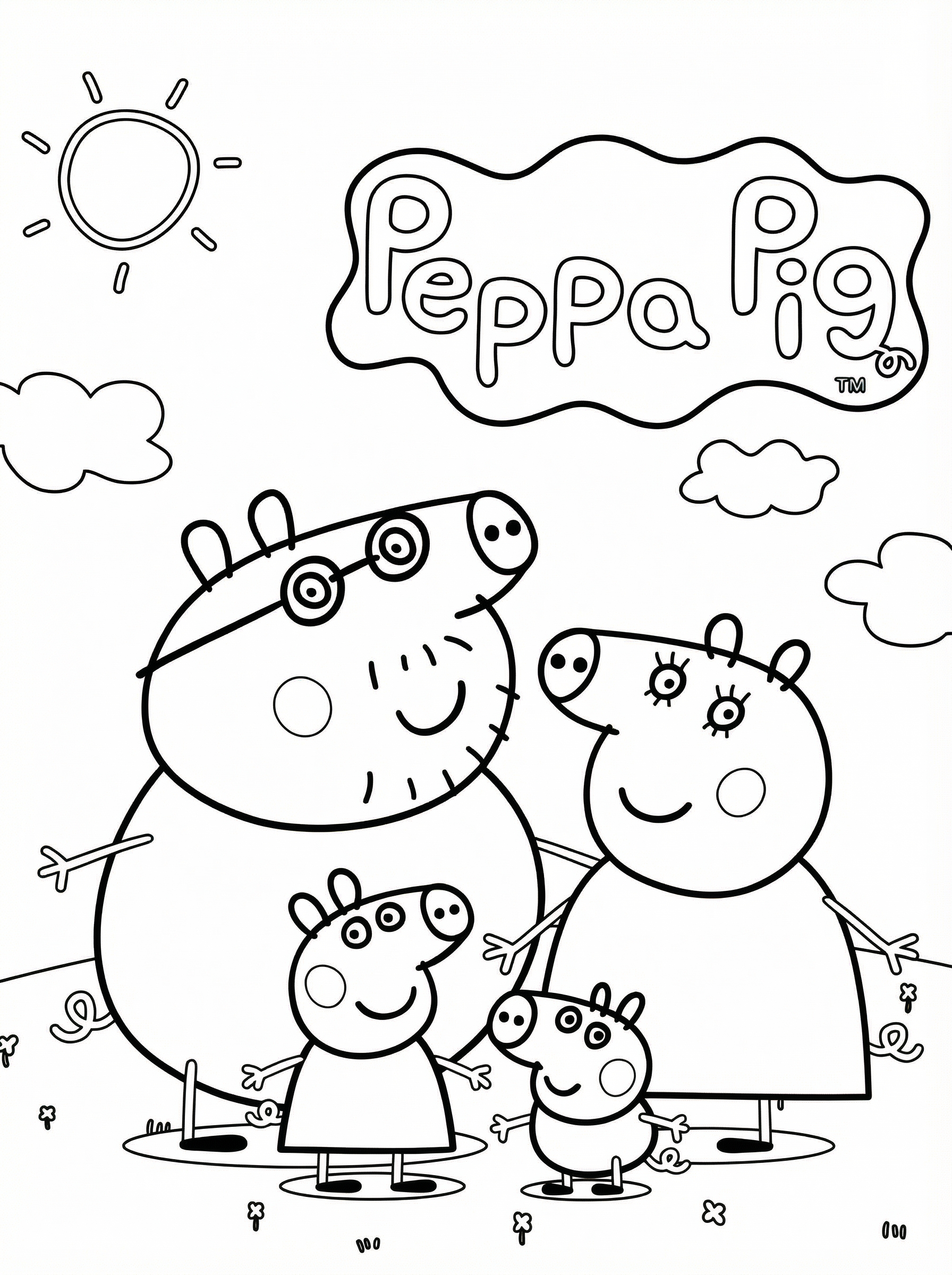 Black and white line drawing of Peppa Pig family with Peppa, George, Mummy Pig and Daddy Pig standing together outdoors with sun and clouds