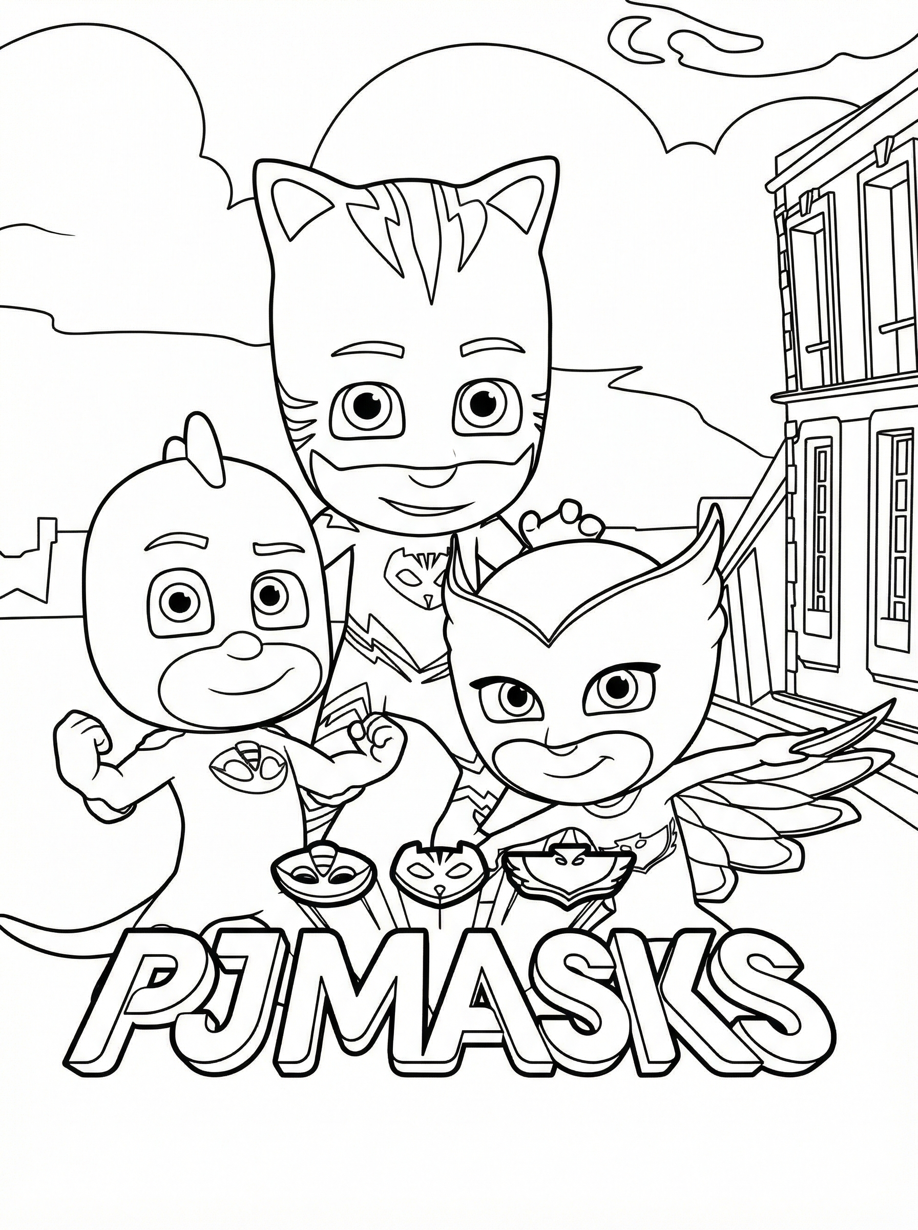 Black and white colouring page featuring PJ Masks characters Catboy, Owlette and Gekko standing together in front of a city building with the PJ Masks logo at the bottom