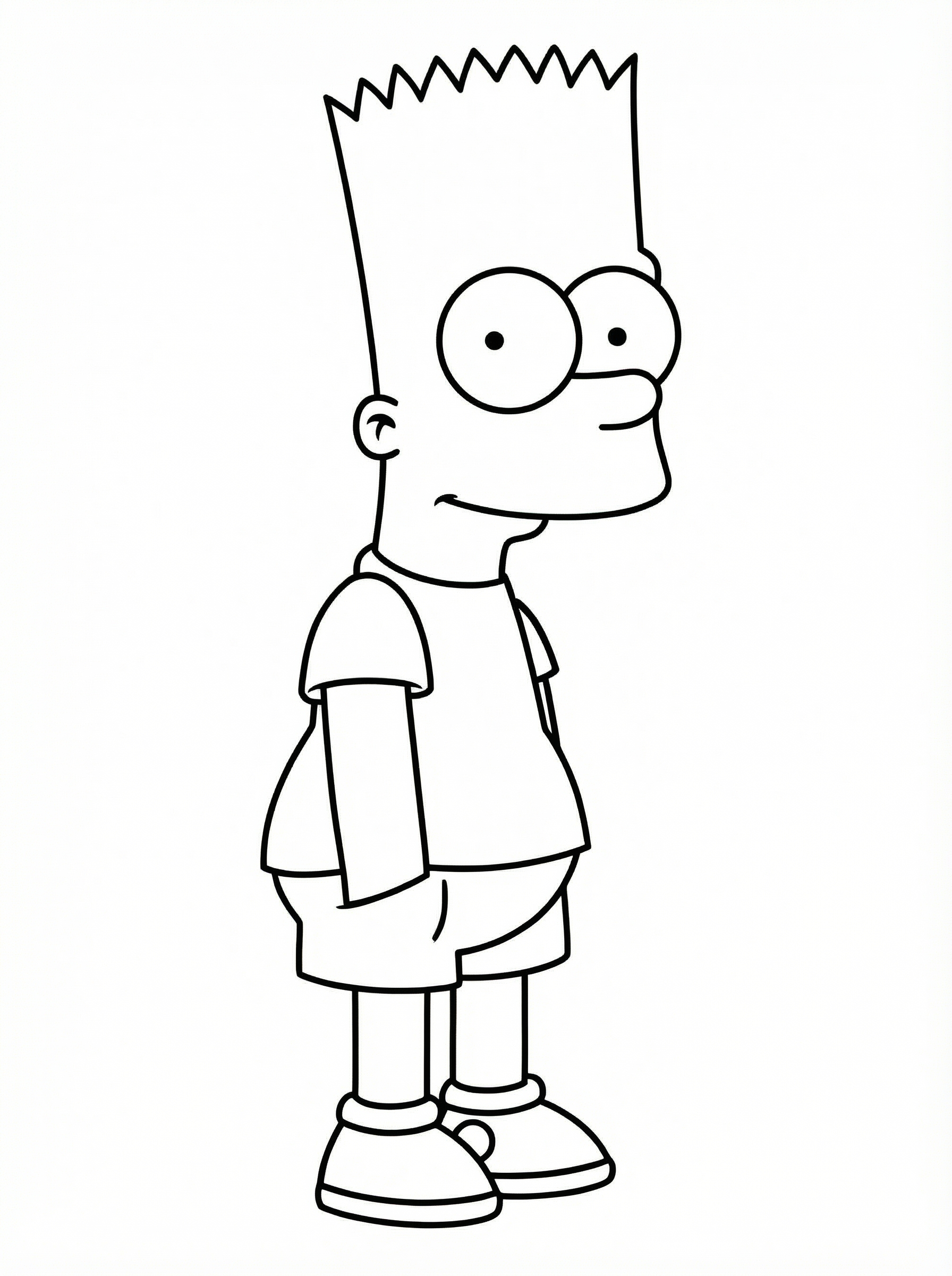 Black and white line drawing of Bart Simpson standing with his characteristic spiky hair, large eyes, and casual outfit including t-shirt, shorts and trainers