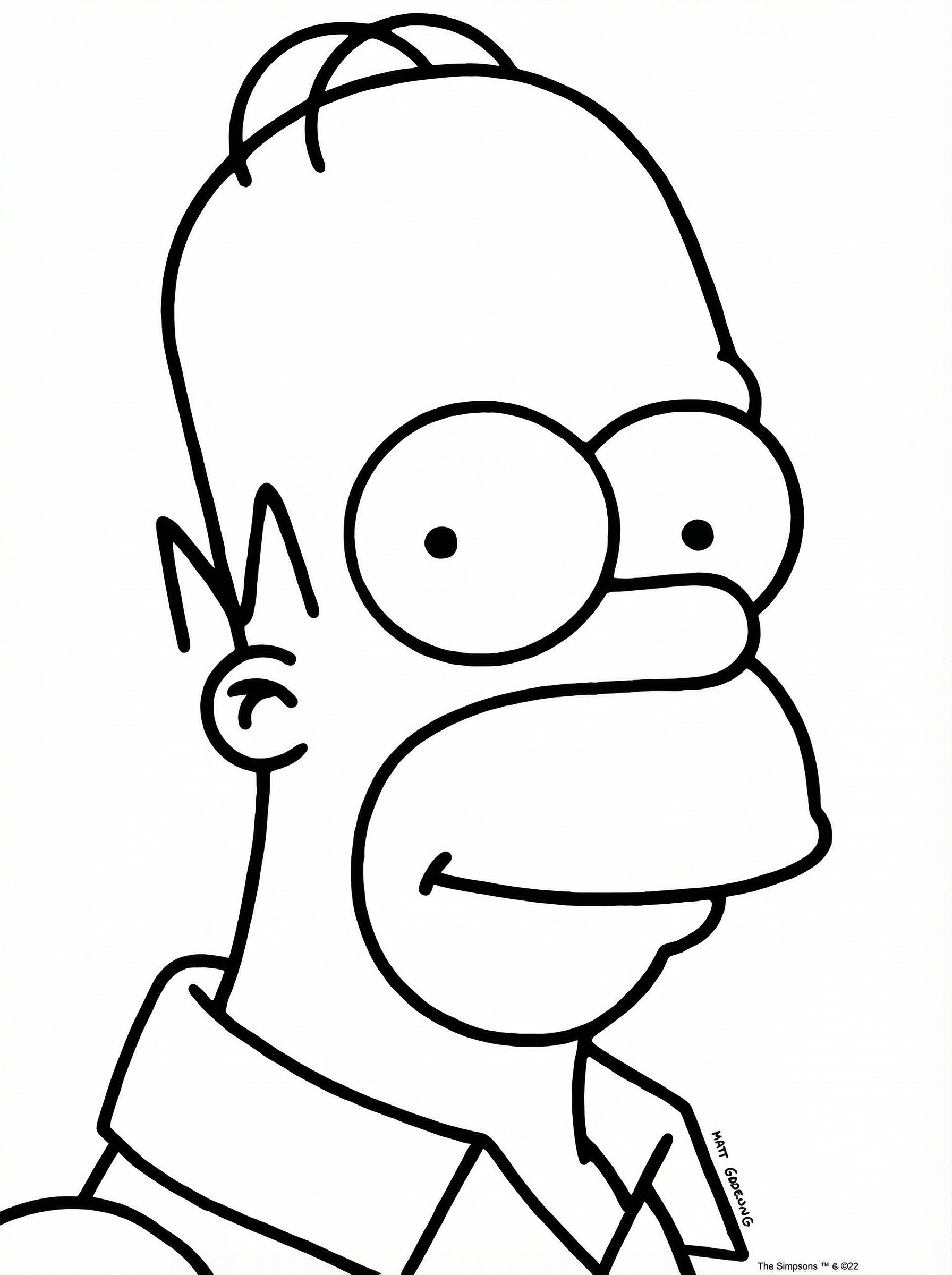 Black and white line drawing of Homer Simpson from The Simpsons, showing his characteristic large eyes, round nose, and smiling expression, ready to colour in