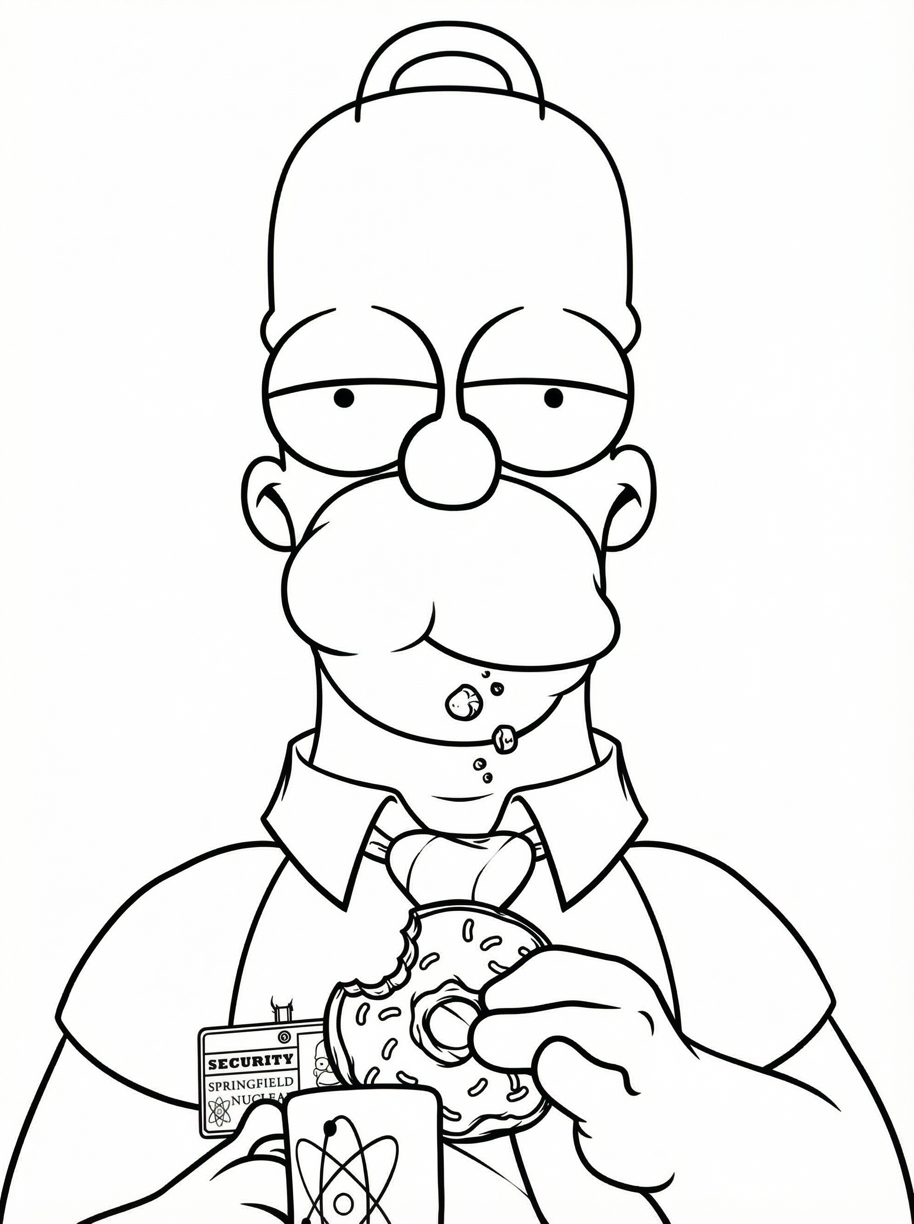 Line drawing colouring page of Homer Simpson eating a doughnut, wearing his work shirt with security badge