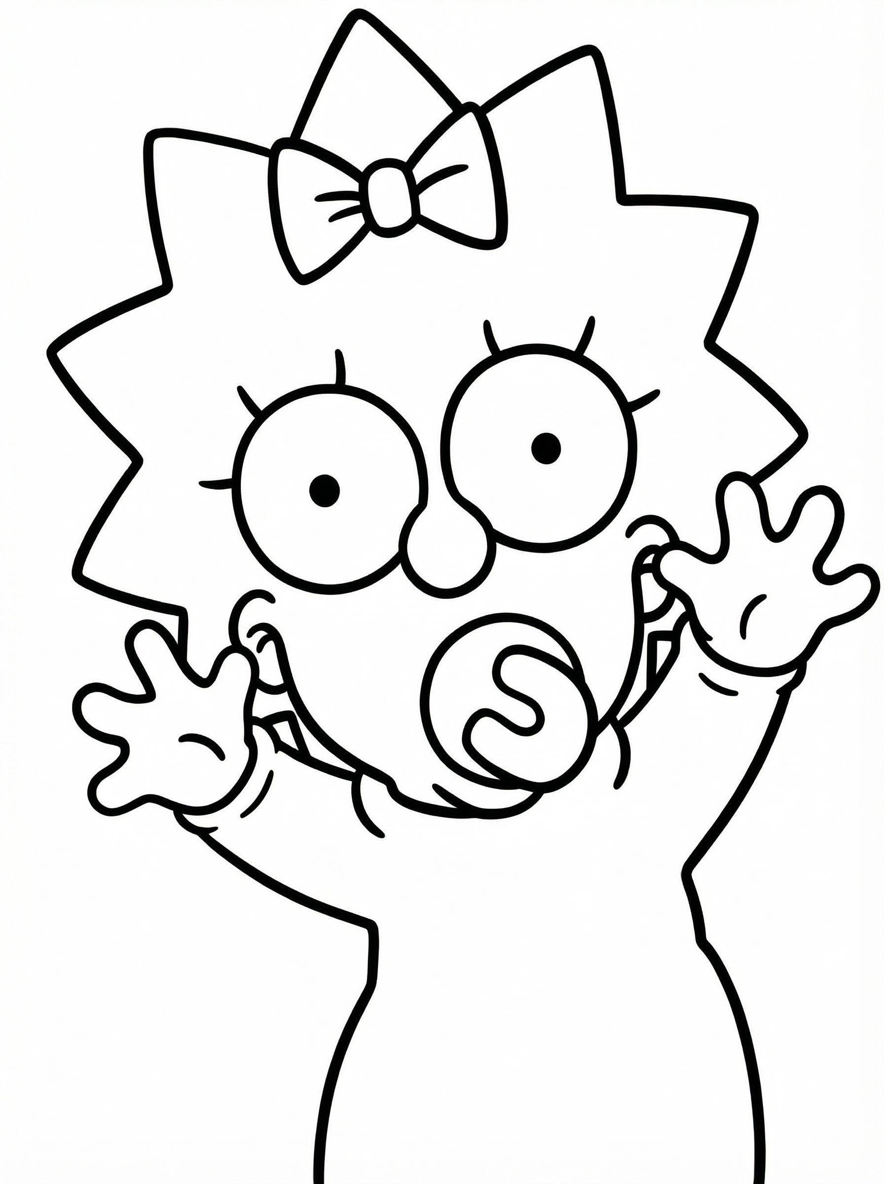 Black and white line drawing of Maggie Simpson from The Simpsons, showing her characteristic spiky hair with a bow, large eyes, and dummy in her mouth, with both hands raised
