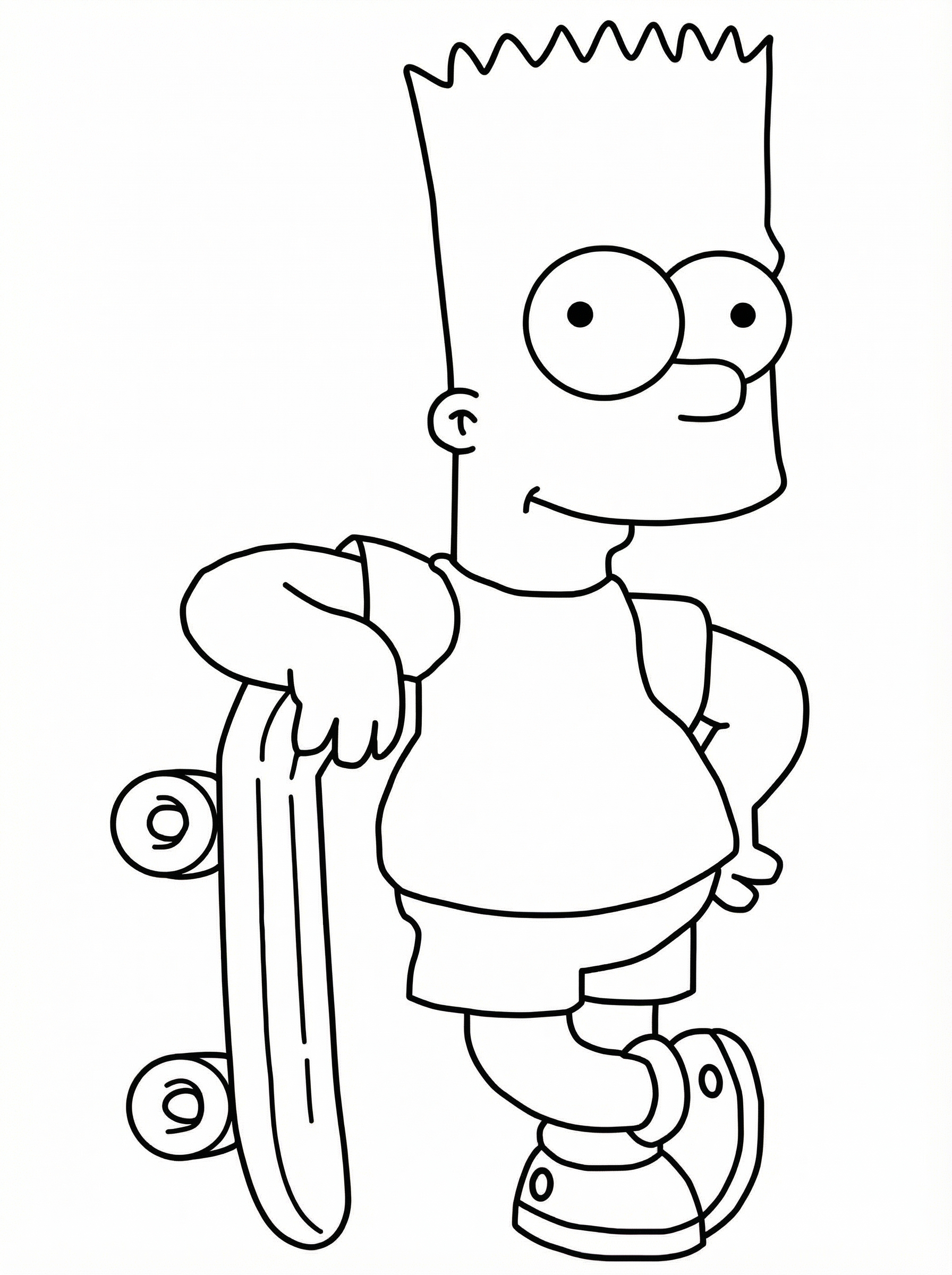 Black and white line drawing of Bart Simpson holding a skateboard, ready to colour in