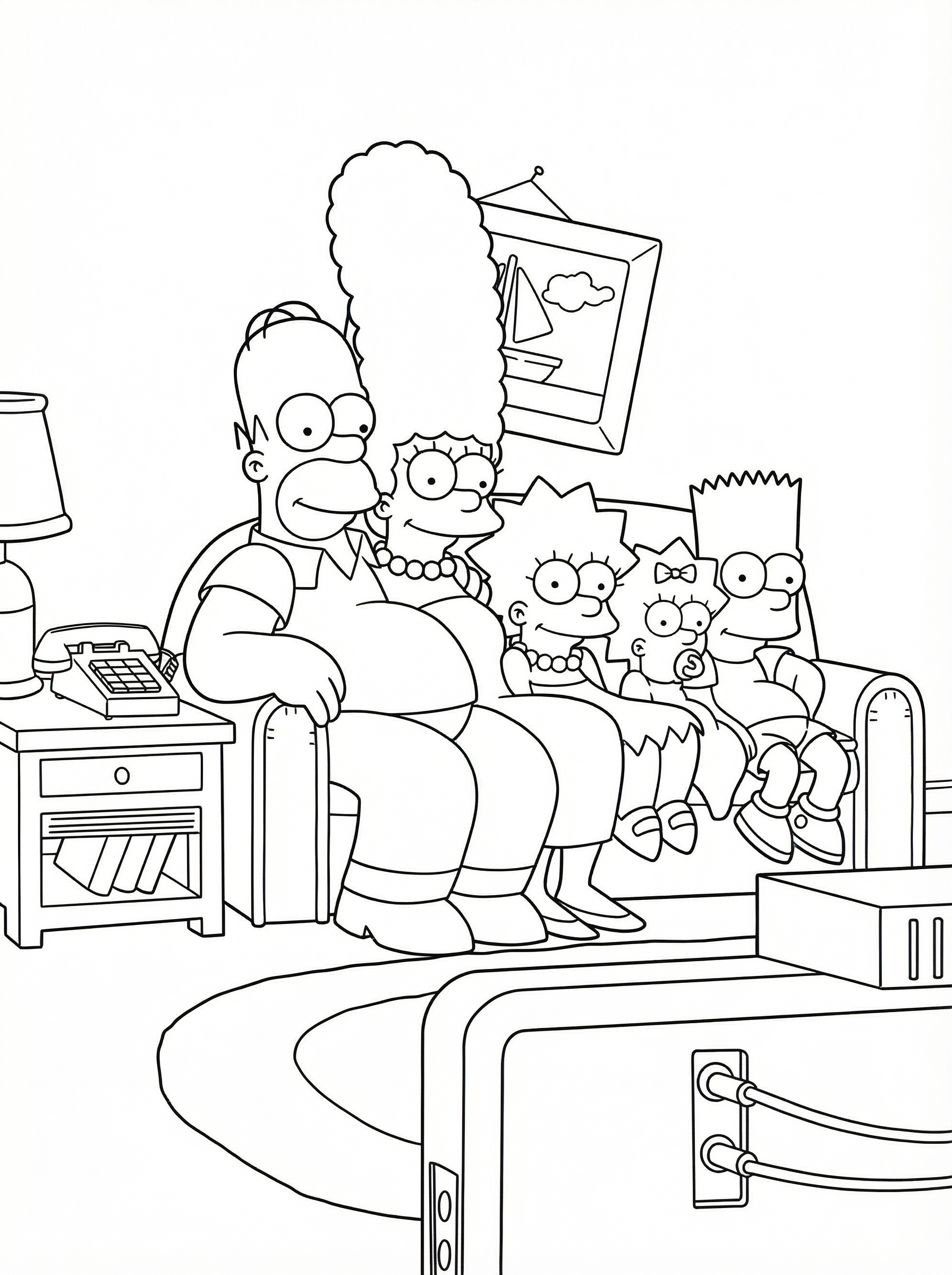 Line drawing colouring page of The Simpsons family sitting together on their sofa - Homer, Marge, Bart, Lisa and Maggie in their living room
