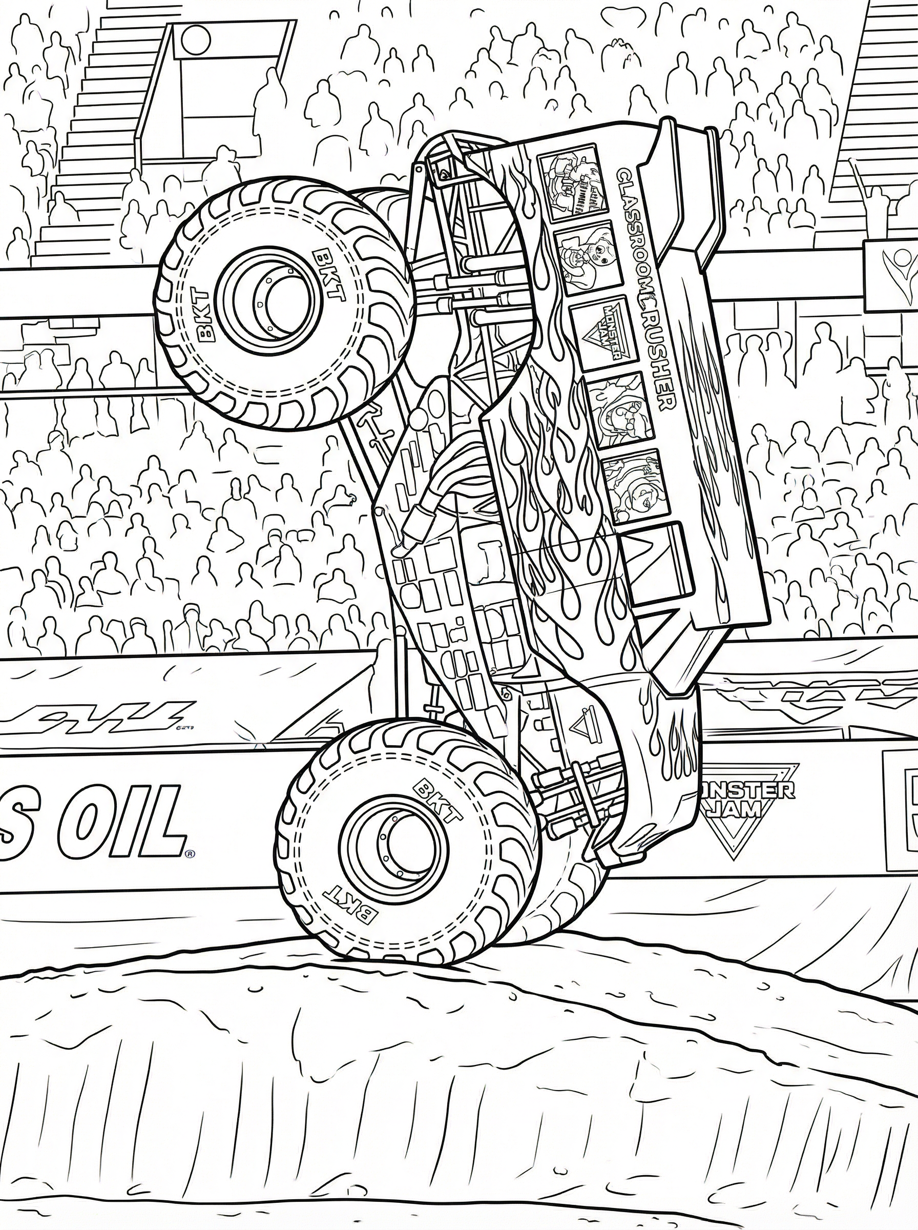 Colouring page of Classroom Crusher monster truck performing in a stadium with large crowd, showing detailed wheels and truck body