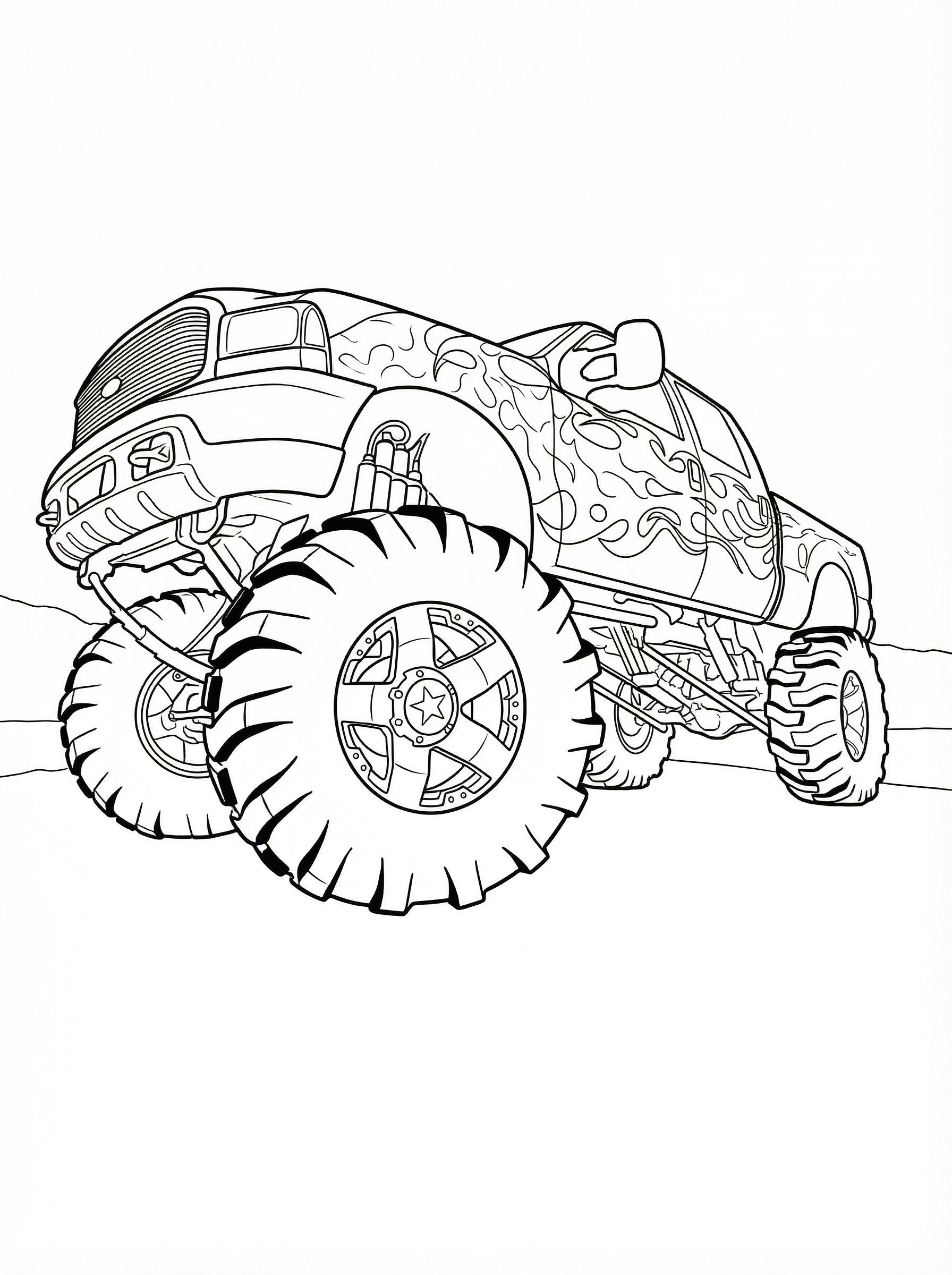 Black and white line drawing of a monster truck with enormous tyres, flame decals on the body, and detailed suspension system for colouring