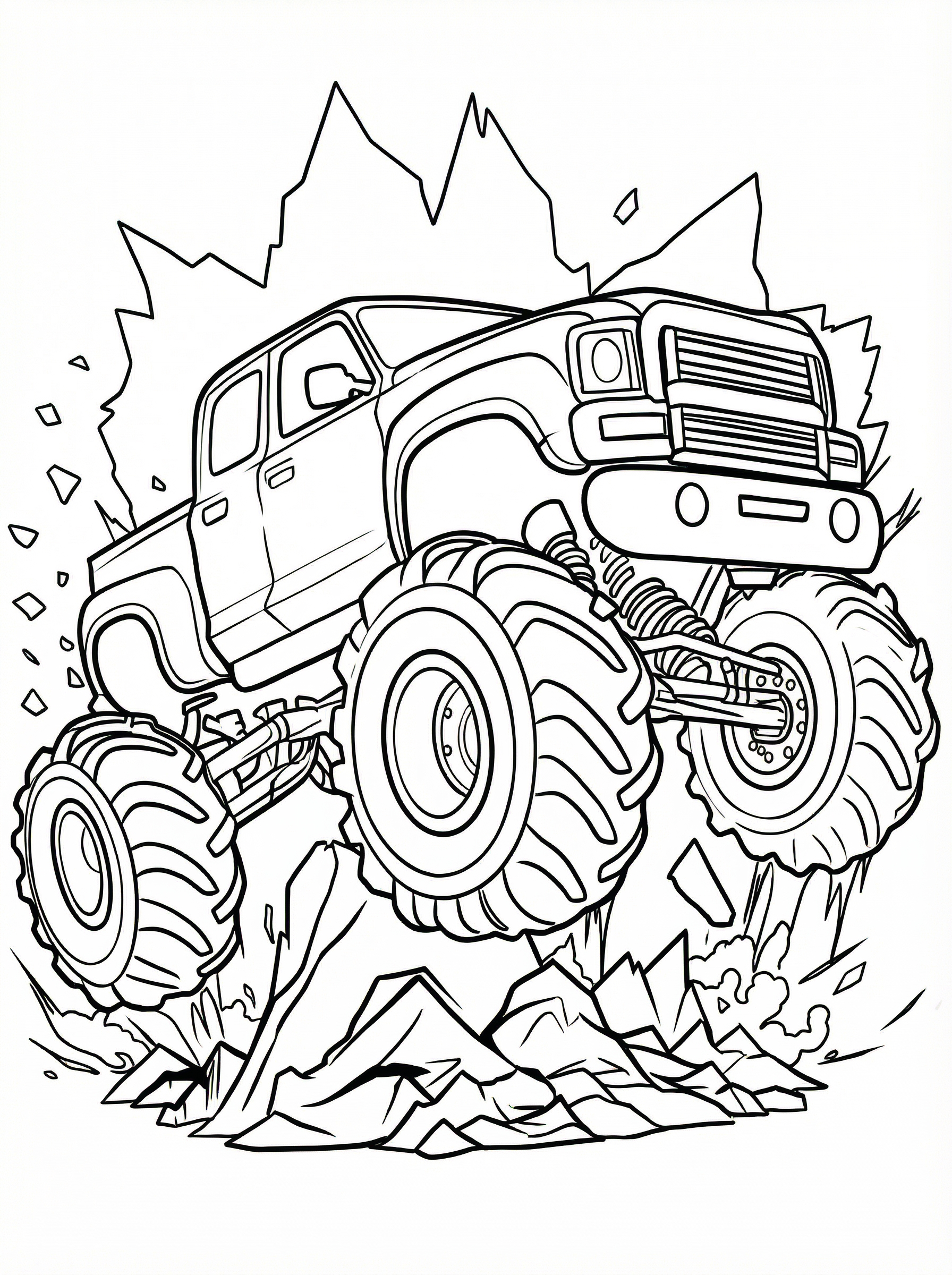Black and white line drawing of a monster truck with oversized tyres jumping over rocks in a desert landscape, creating dust clouds and debris