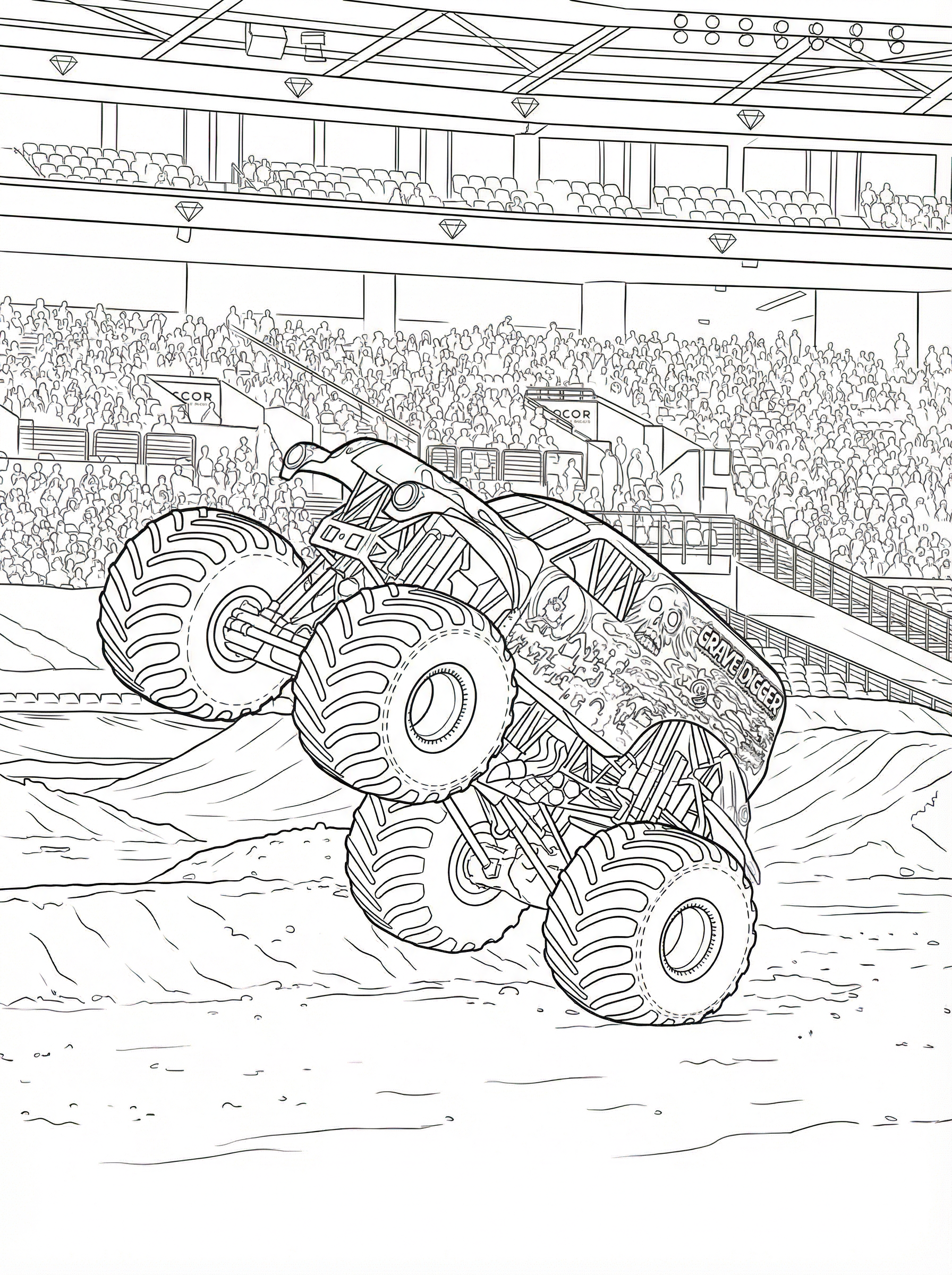 Black and white line drawing of a monster truck performing a wheelie in a packed stadium arena with detailed crowd and seating