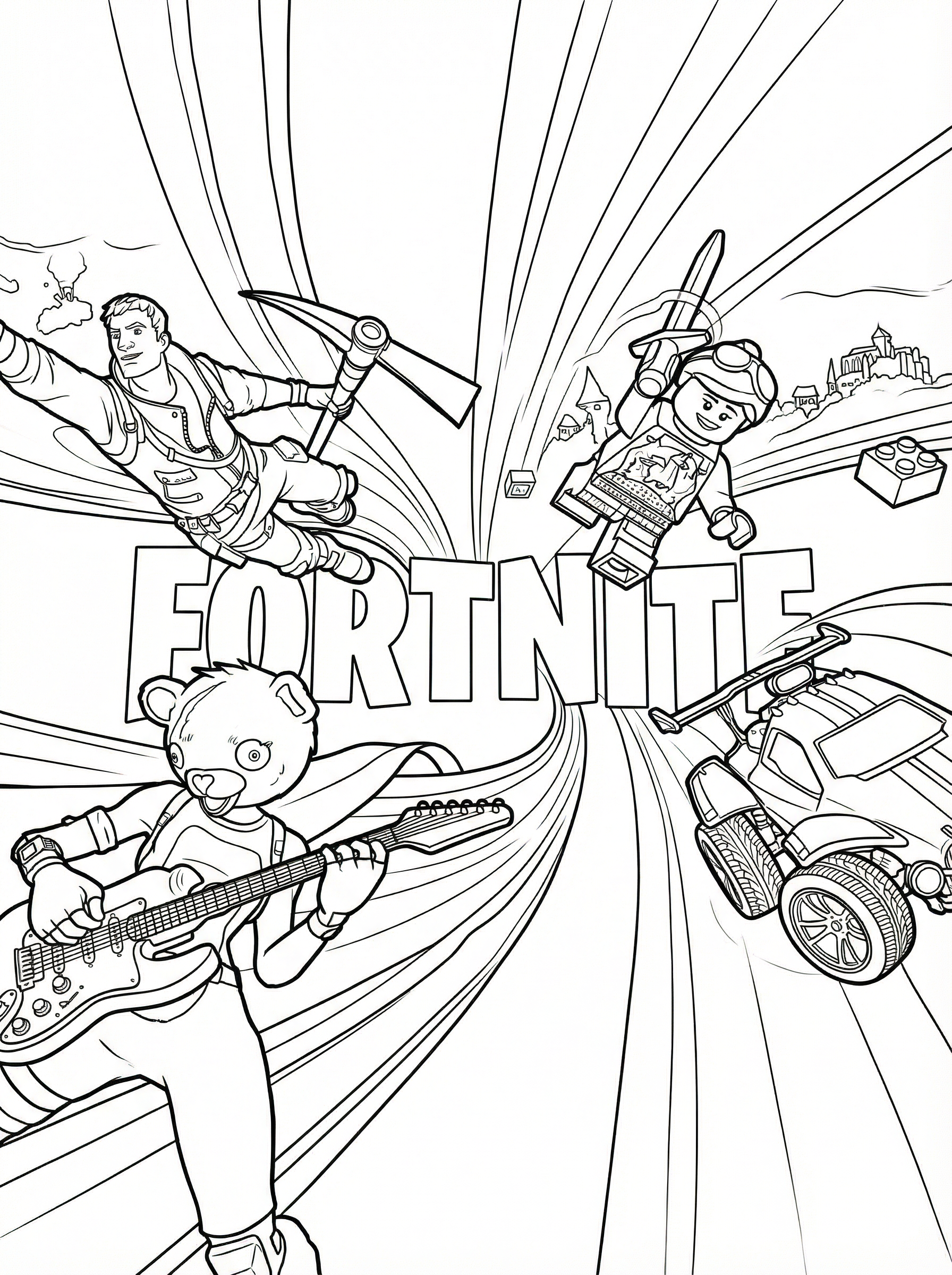 Fortnite colouring page showing three characters in action - one playing electric guitar, one with glider, and one with goggles, plus a vehicle, with Fortnite logo in centre