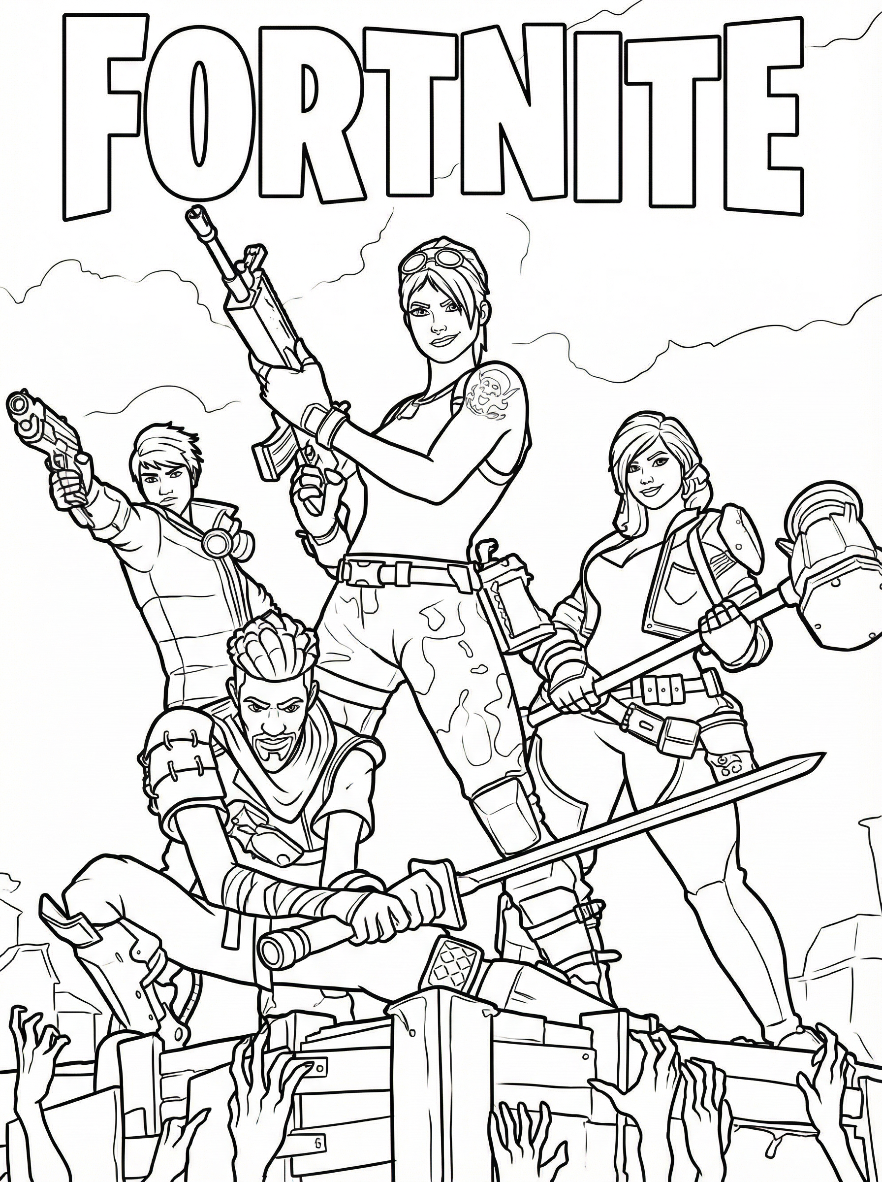 Fortnite Battle Royale colouring page showing four squad members in action poses with various weapons including rifles and melee weapons