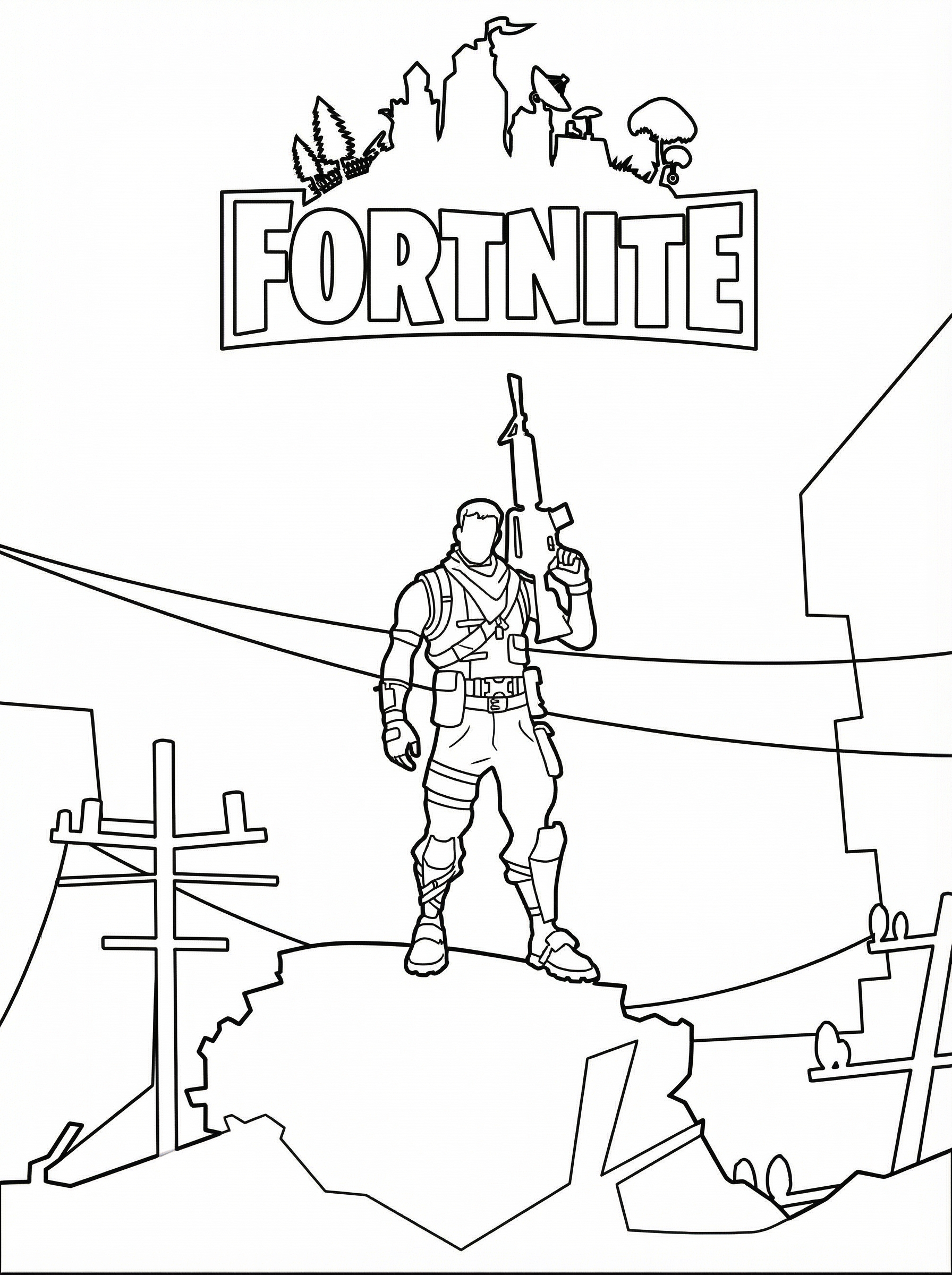 Fortnite character holding rifle standing on ruins with Fortnite logo above, black and white line art colouring page