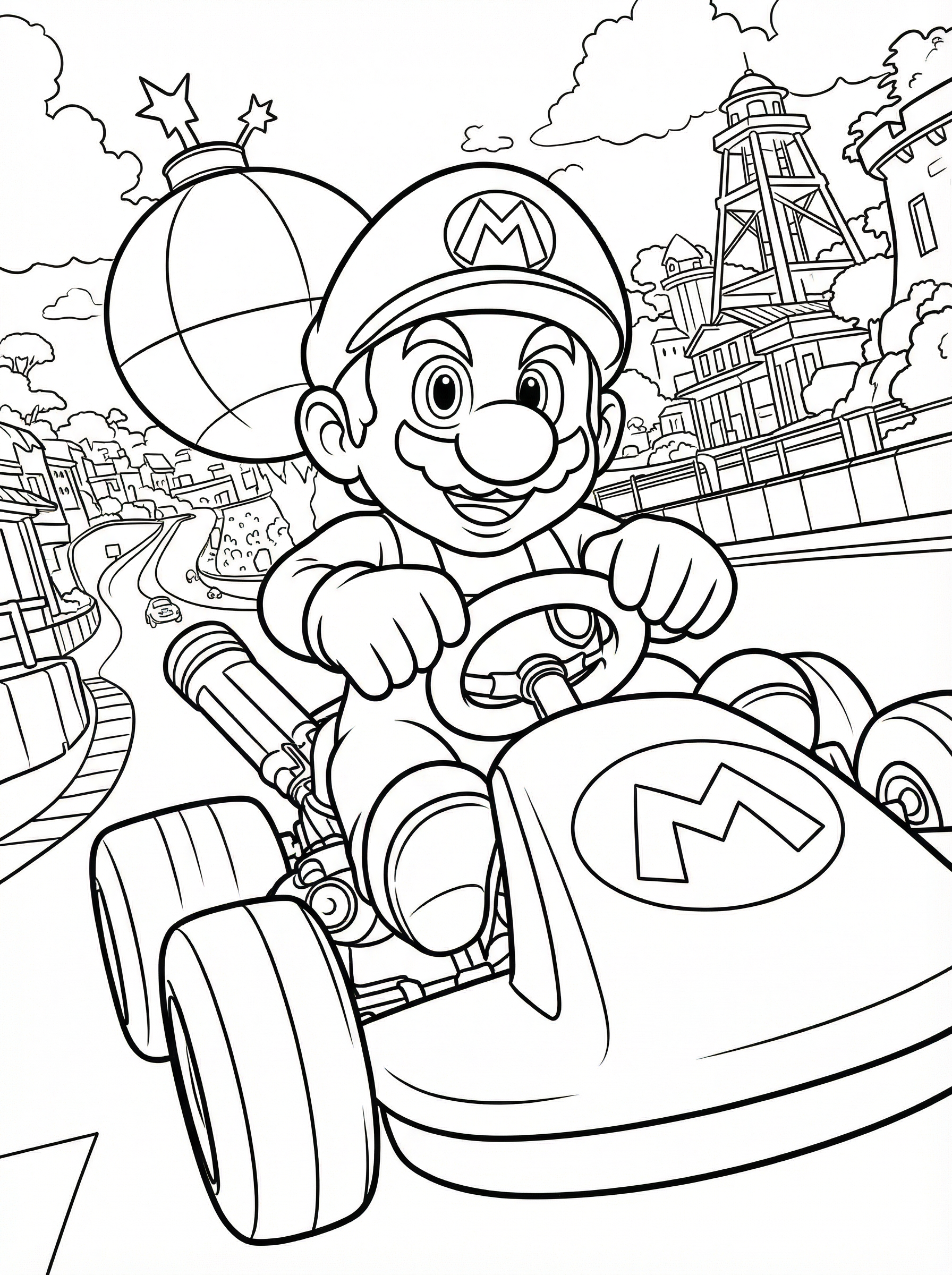 Colouring page of Mario driving his kart through a detailed city race track with buildings, lighthouse, and balloons in the background