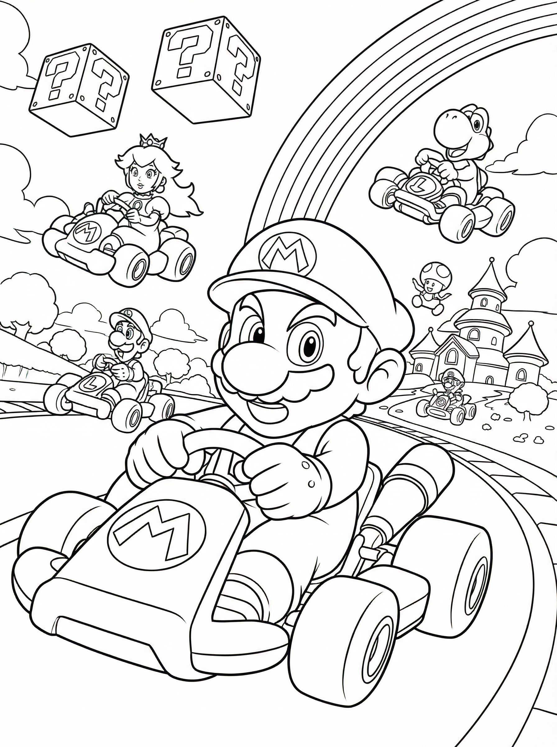 Mario Kart colouring page showing Mario in his kart in the foreground with Luigi, Princess Peach, Yoshi and Toad racing behind him, featuring question mark blocks, Rainbow Road and Princess Peach's castle