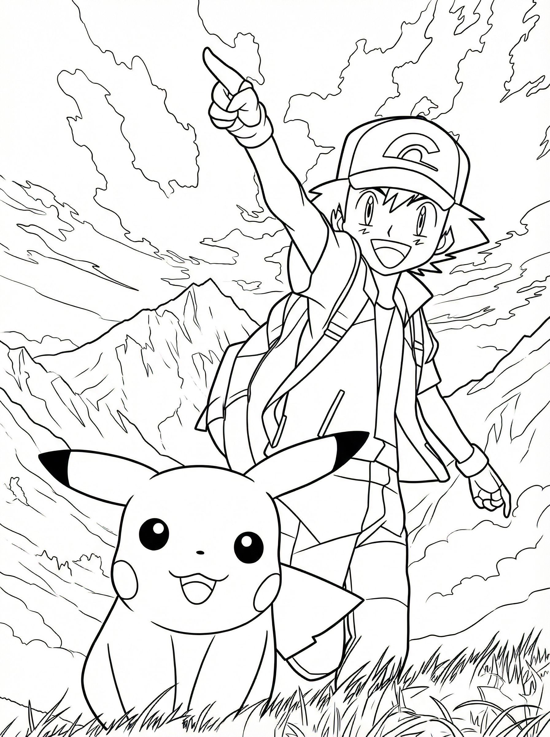 Black and white line drawing of Ash Ketchum pointing forward with Pikachu beside him, surrounded by dynamic action lines and clouds