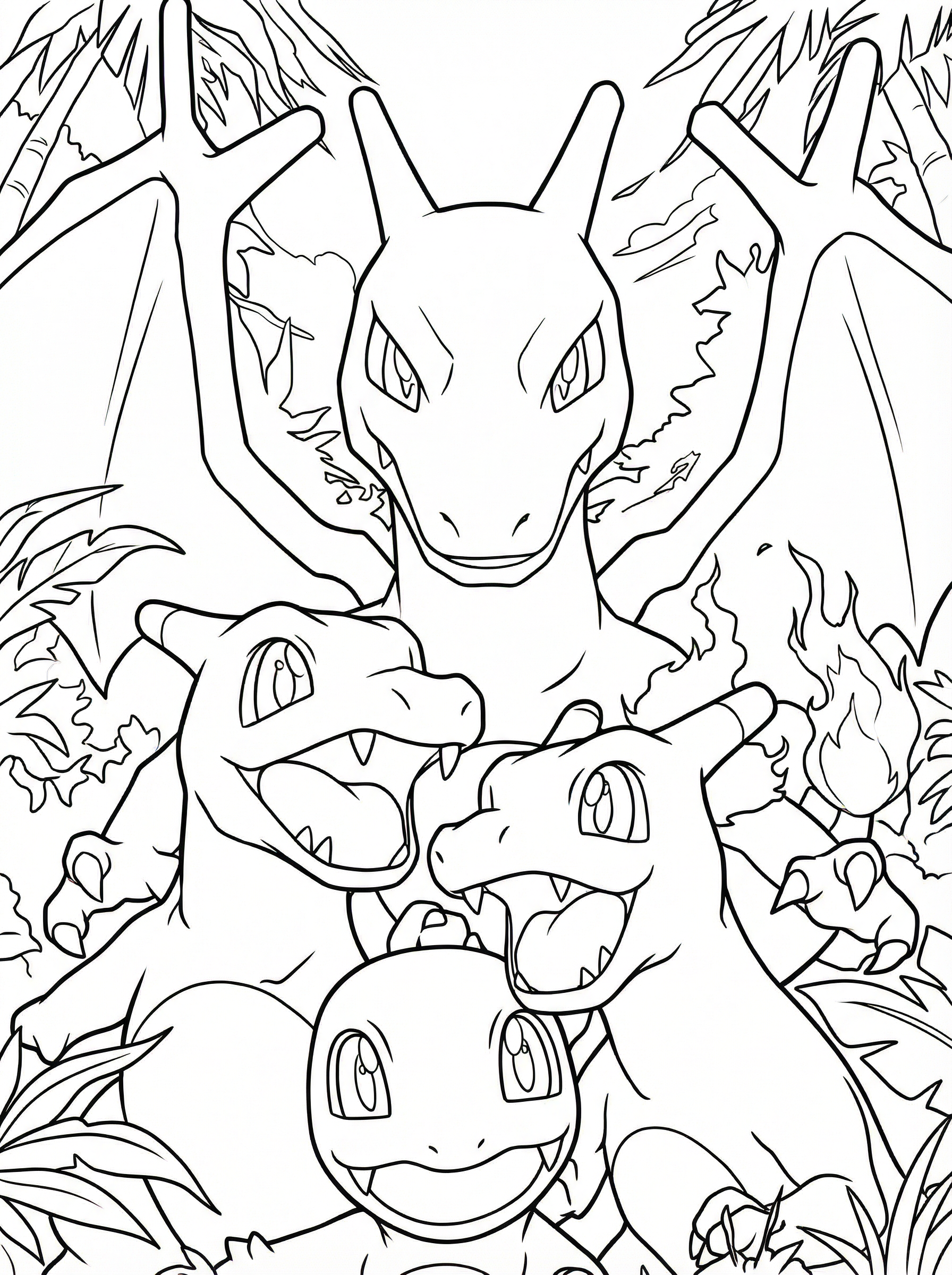 Black and white line drawing colouring page showing Pokémon Charizard evolution family with Charmander, Charmeleon and Charizard in a forest setting with flames