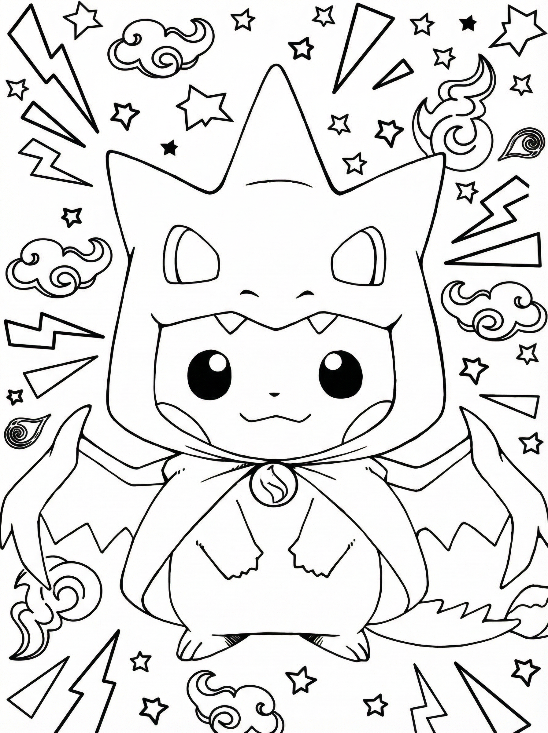 Black and white line drawing of Mimikyu Pokémon character in kawaii style wearing a Pikachu costume with large eyes, surrounded by stars, lightning bolts, and decorative clouds