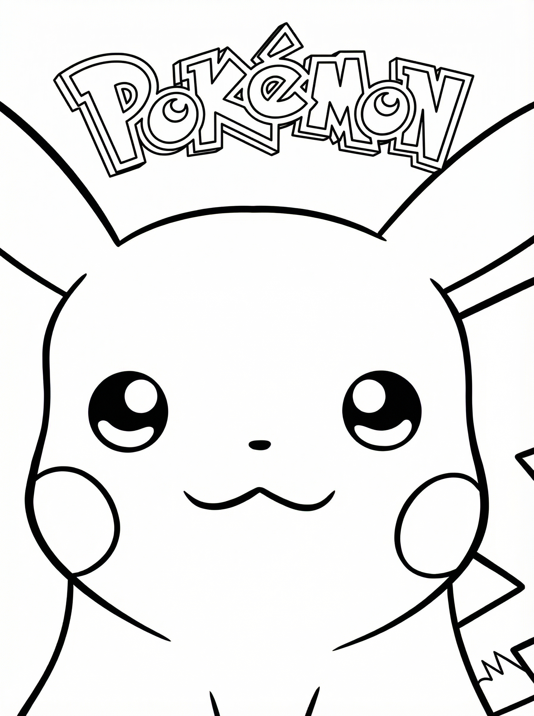 Black and white line drawing of Pikachu from Pokémon with large eyes, rosy cheeks, and lightning bolt tail, ready to colour
