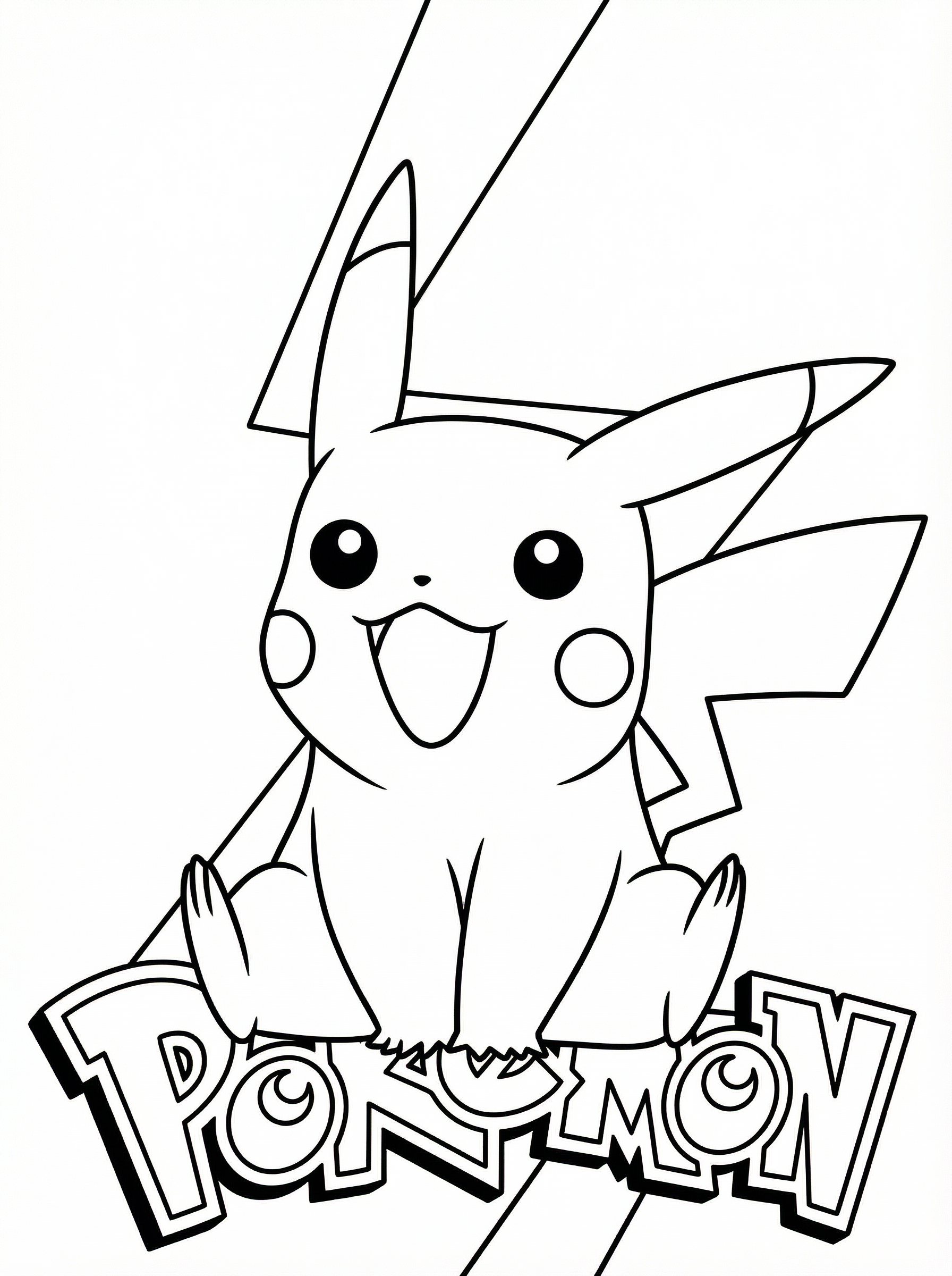 Black and white line drawing of Pikachu sitting down with a happy expression, featuring the Pokémon logo beneath, ready to colour
