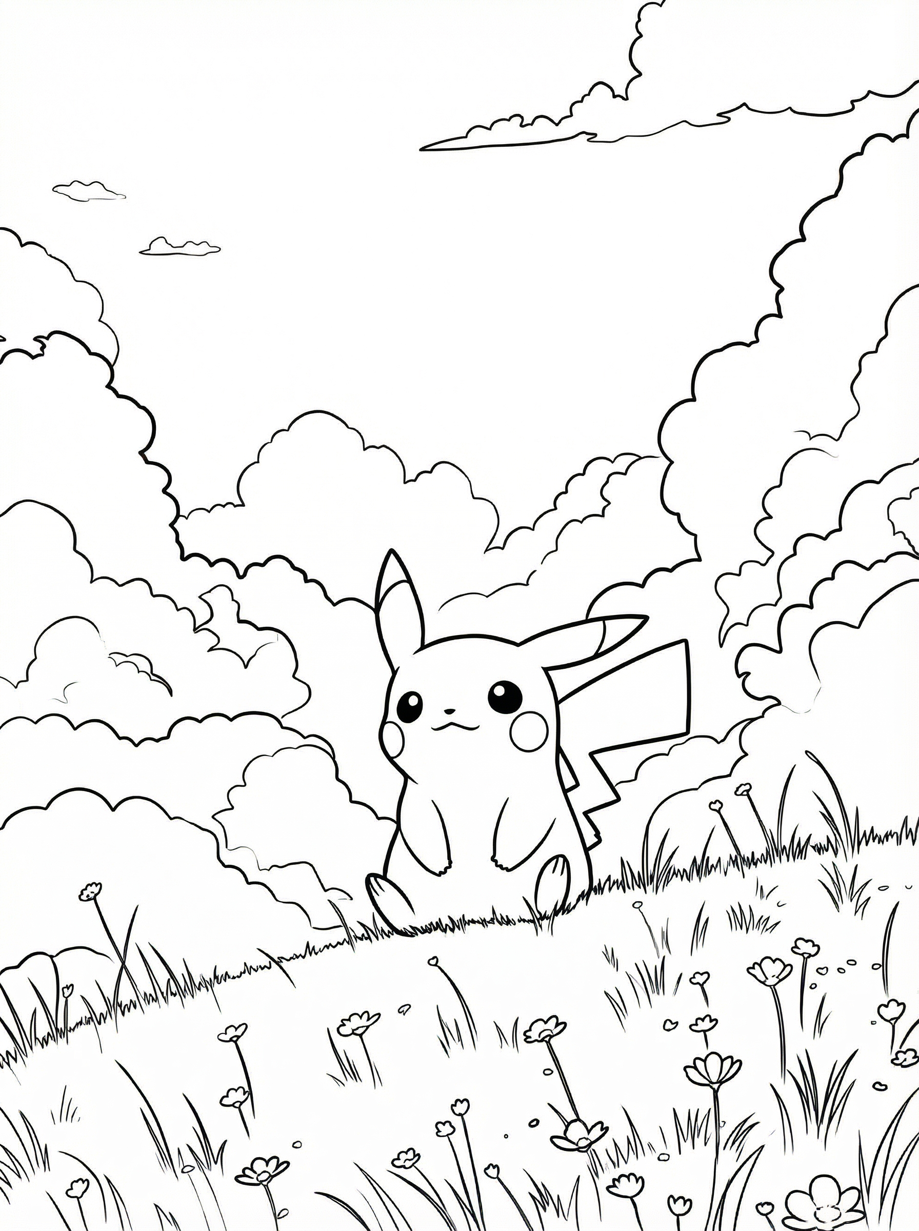 Line drawing of Pikachu sitting in a grassy meadow with flowers and fluffy clouds in the background, ready to colour