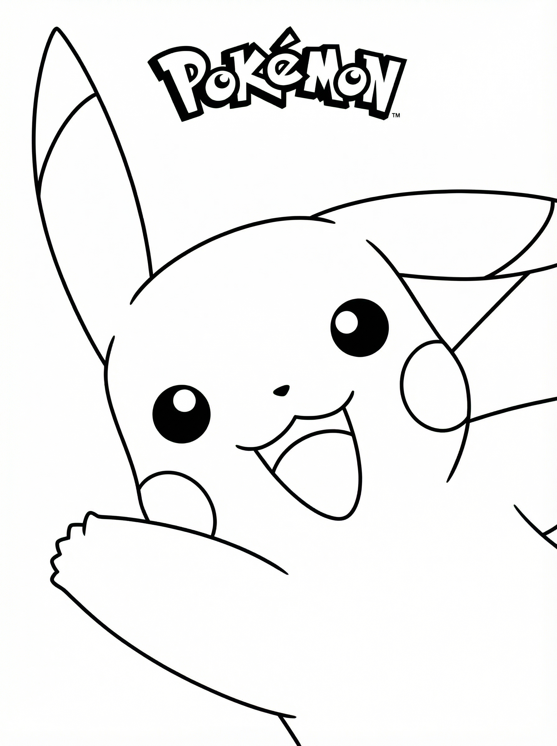 Black and white line drawing of Pikachu, the iconic Electric-type Pokémon, with large eyes, pointed ears, and lightning bolt tail, ready to colour
