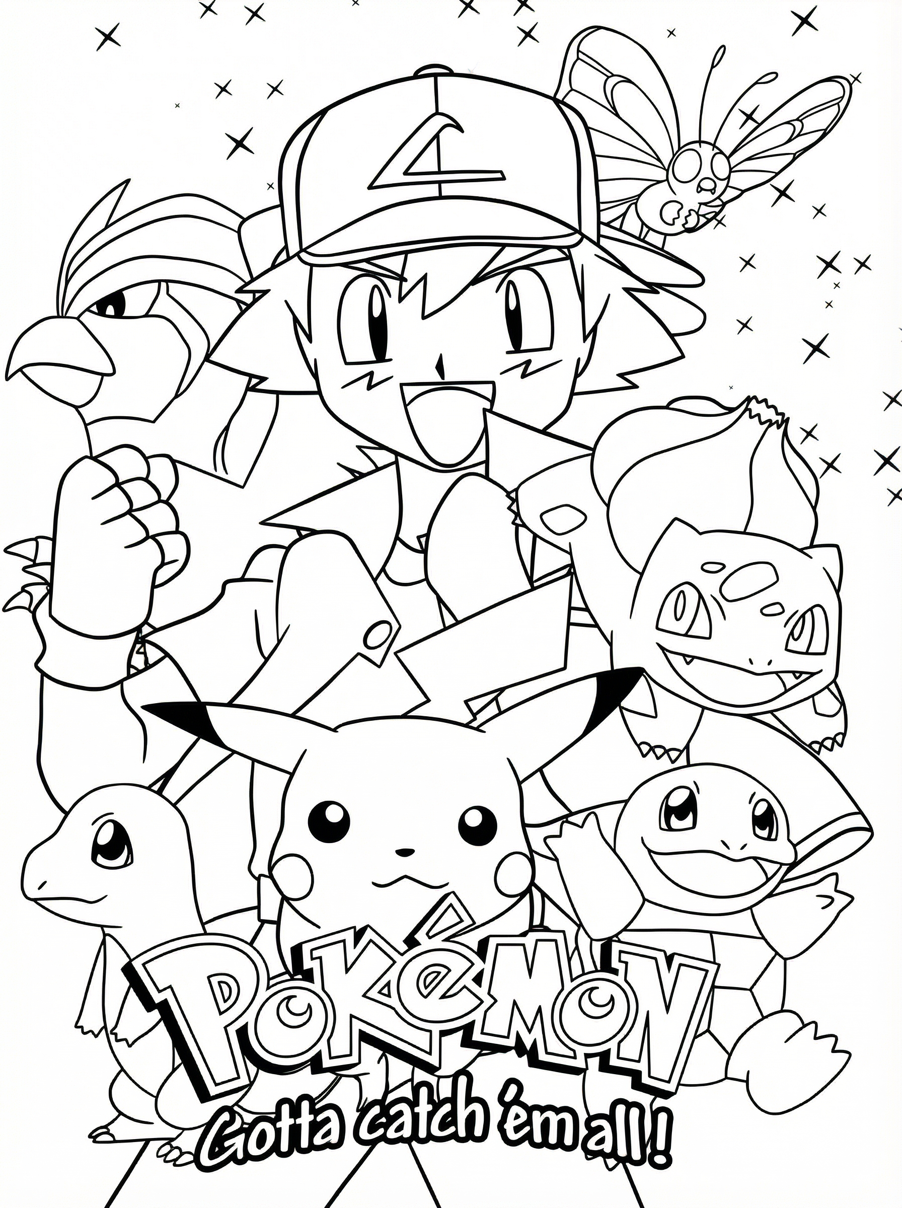Black and white line drawing colouring page of Ash Ketchum wearing his cap and holding a Poké Ball, surrounded by Pikachu, Bulbasaur, Charmander, Squirtle and Butterfree with stars in the background and Pokémon logo text