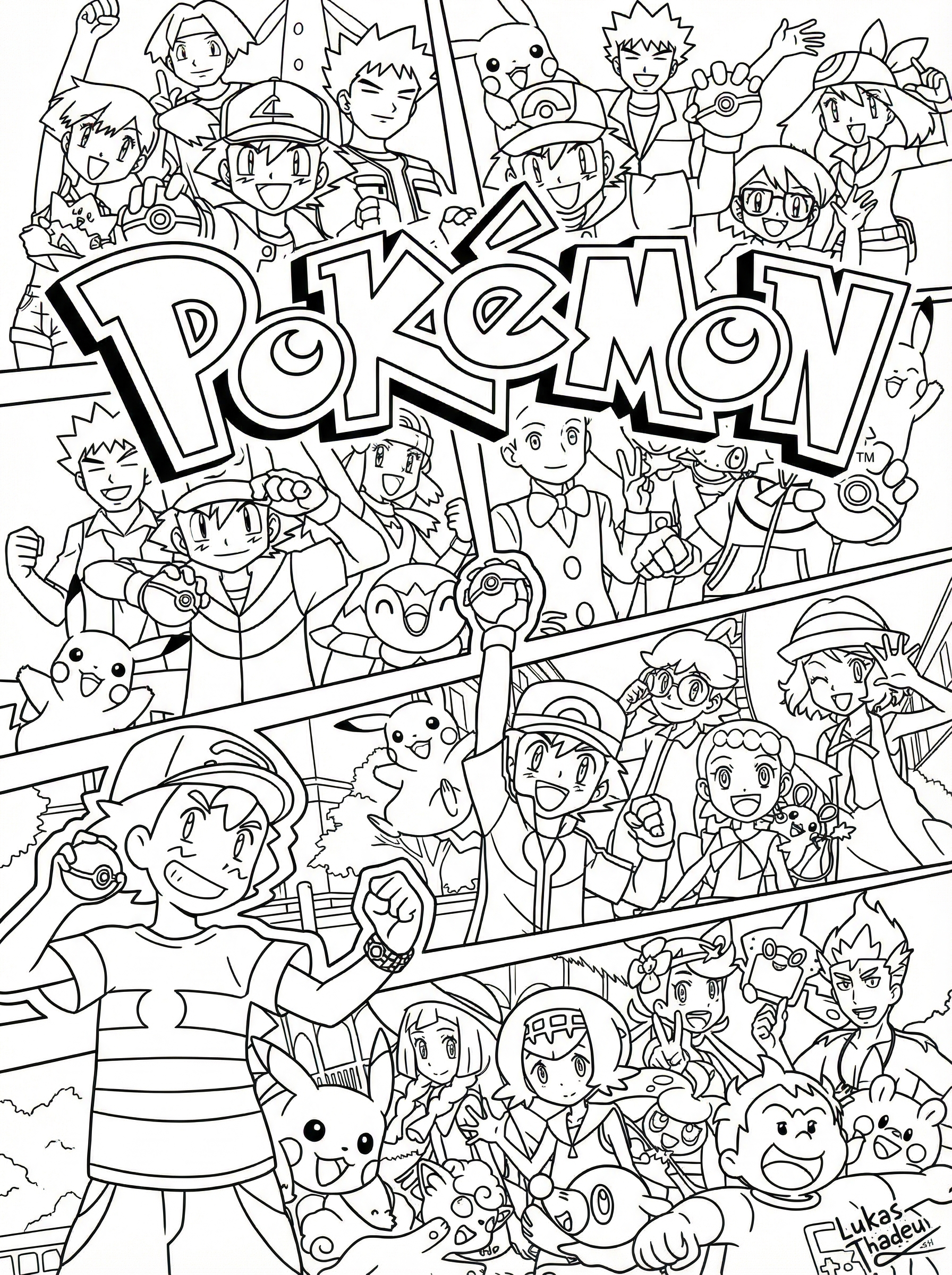 Black and white line drawing colouring page featuring the Pokémon logo surrounded by multiple characters including Ash Ketchum, Pikachu, and various Pokémon trainers from different generations of the series