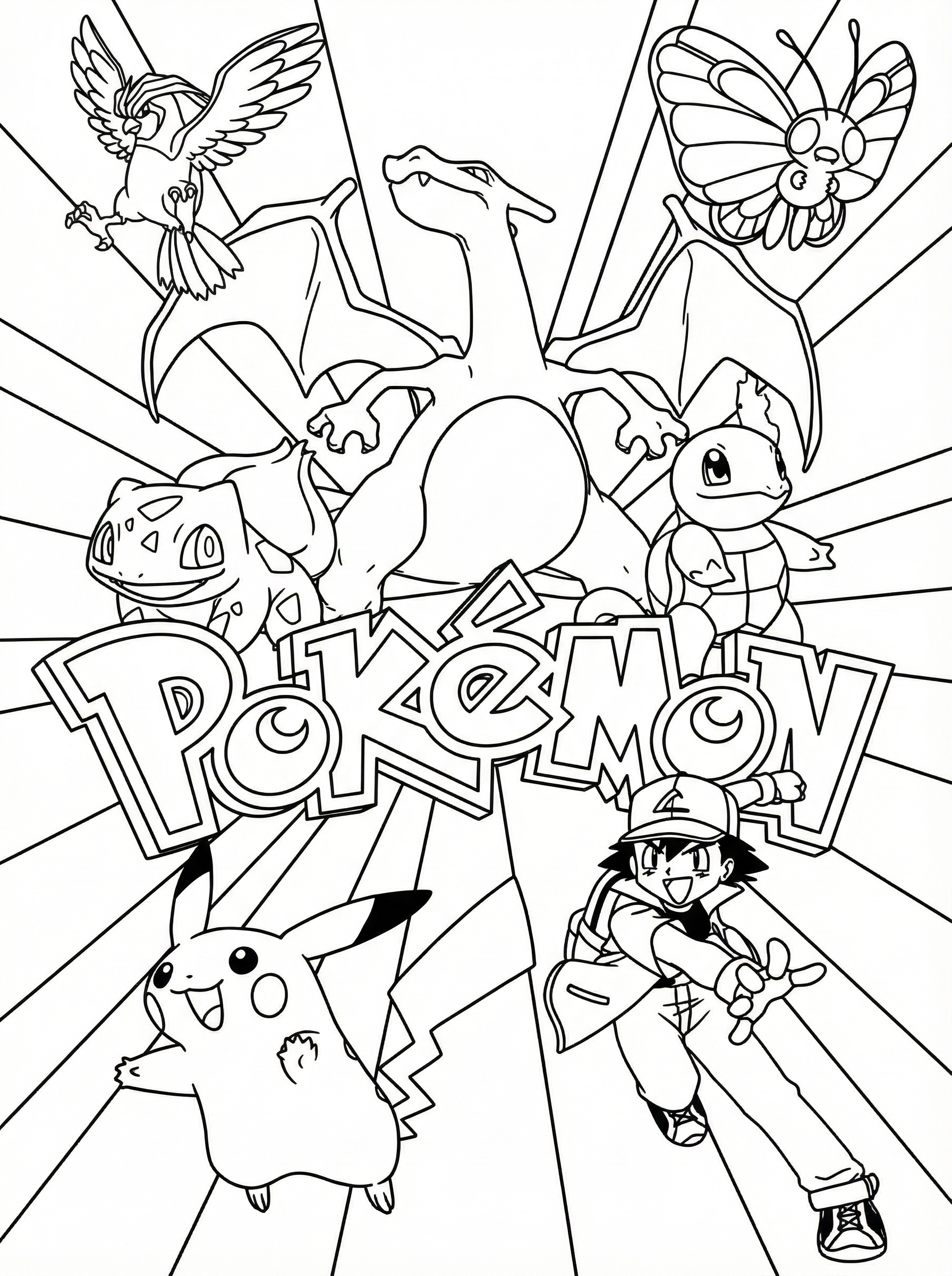 Black and white line drawing colouring page showing Pokémon trainer Ash with Pikachu, Charizard, Squirtle, Bulbasaur, Butterfree and Pidgeot surrounding the Pokémon logo with radiating background lines