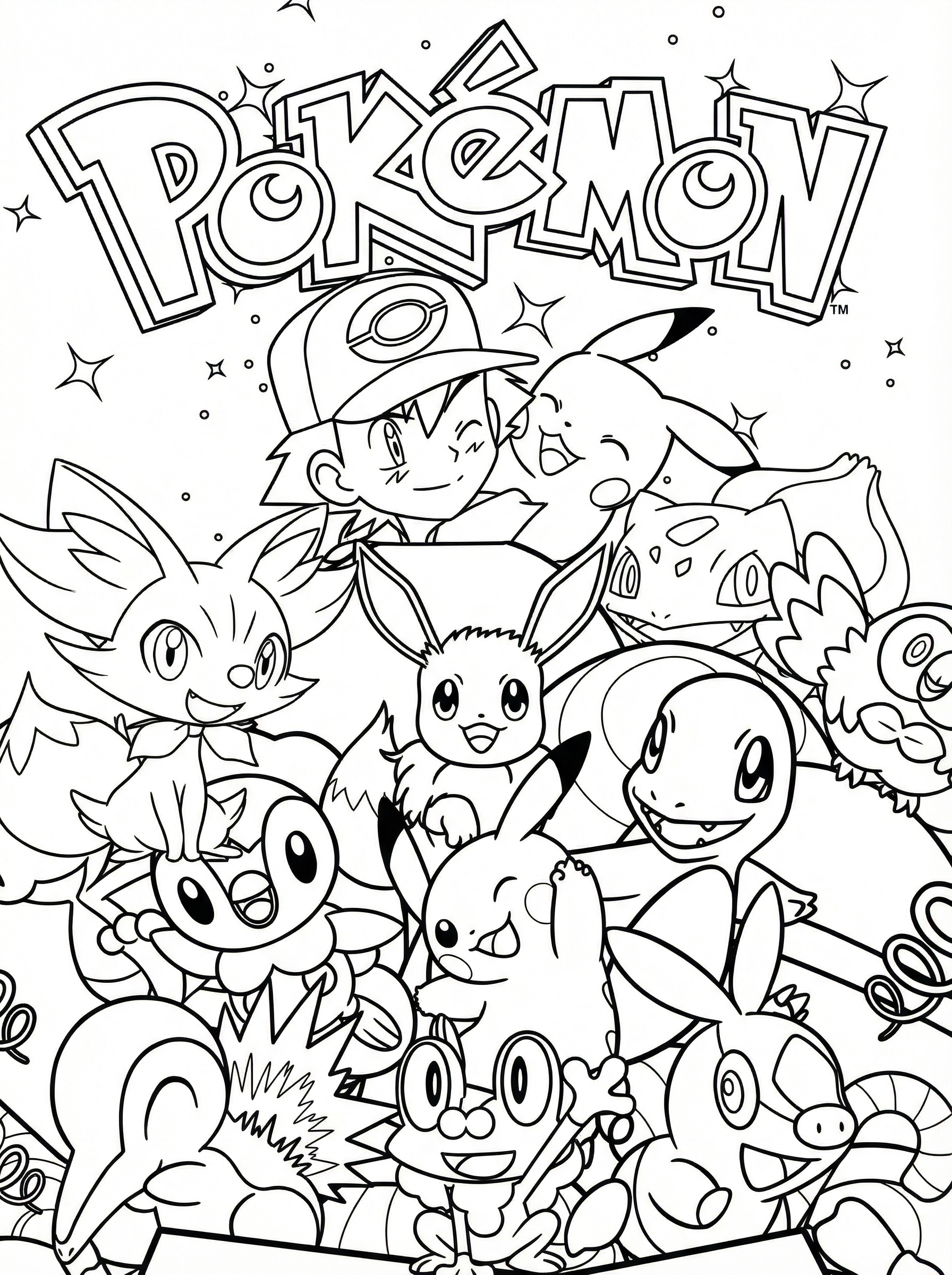 Black and white line drawing colouring page showing Ash Ketchum wearing his cap with Pikachu on his shoulder, surrounded by various Pokémon including Eevee, Bulbasaur, Charmander, Squirtle, Fennekin and others, with the Pokémon logo at the top