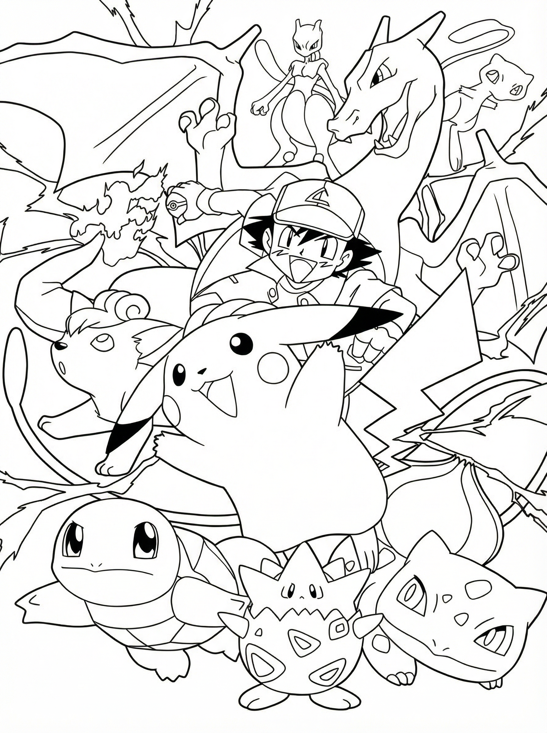 Black and white line drawing colouring page showing Pokémon movie poster with Ash Ketchum in the centre surrounded by Pikachu, Charizard, Mewtwo, Bulbasaur, Squirtle, Togepi and other Pokémon characters