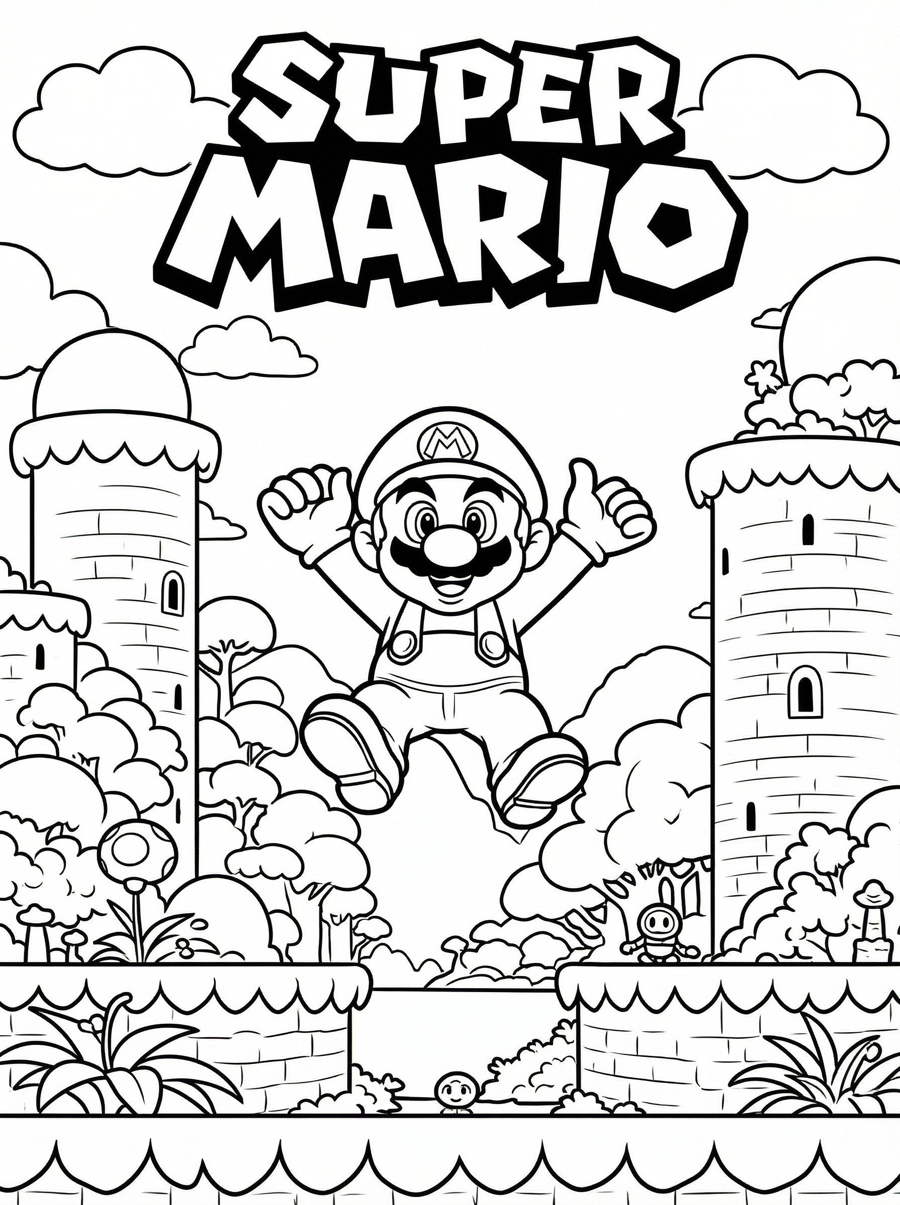 Super Mario colouring page showing Mario jumping with arms raised in the Mushroom Kingdom with castle towers, clouds, bushes and trees