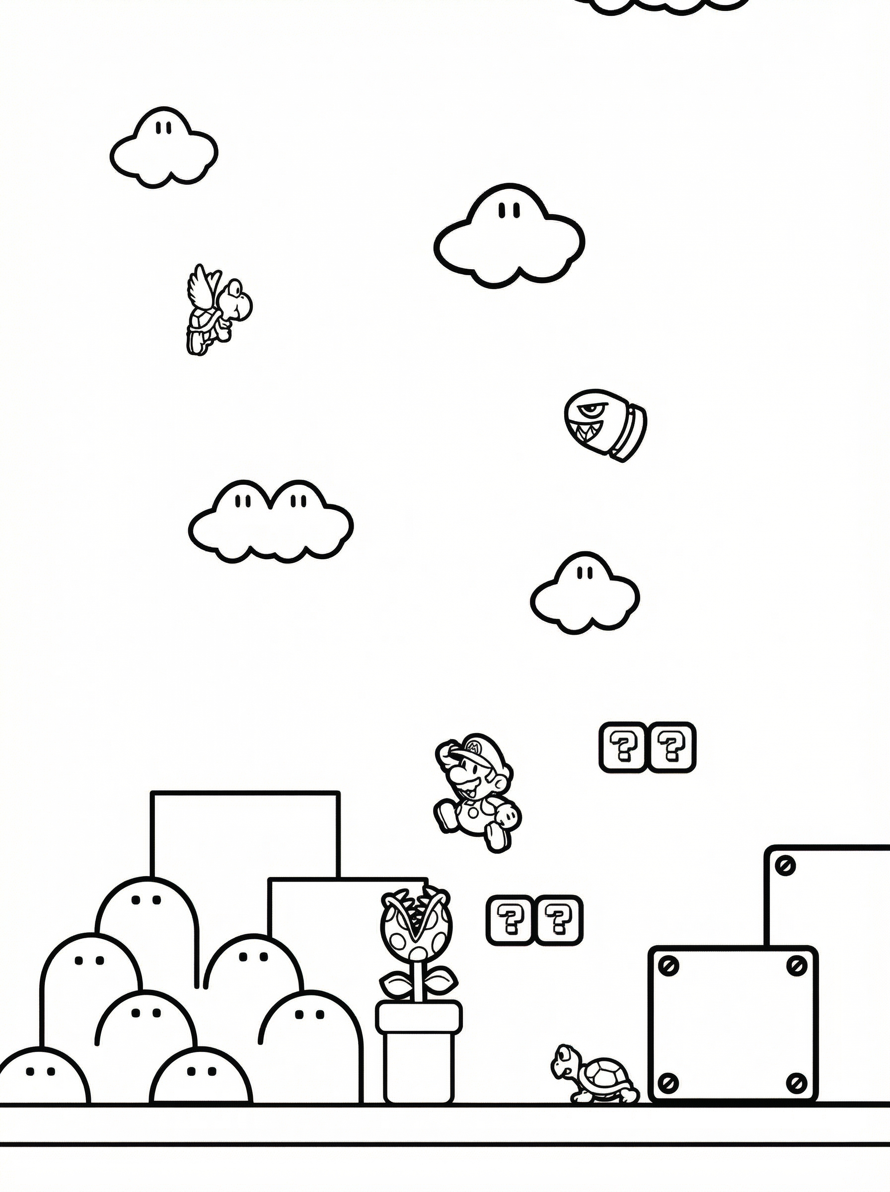 Black and white line drawing colouring page of Super Mario game scene with Mario jumping, flying Koopa Troopas, clouds with faces, question mark blocks, Piranha Plant in pipe, and platform landscape
