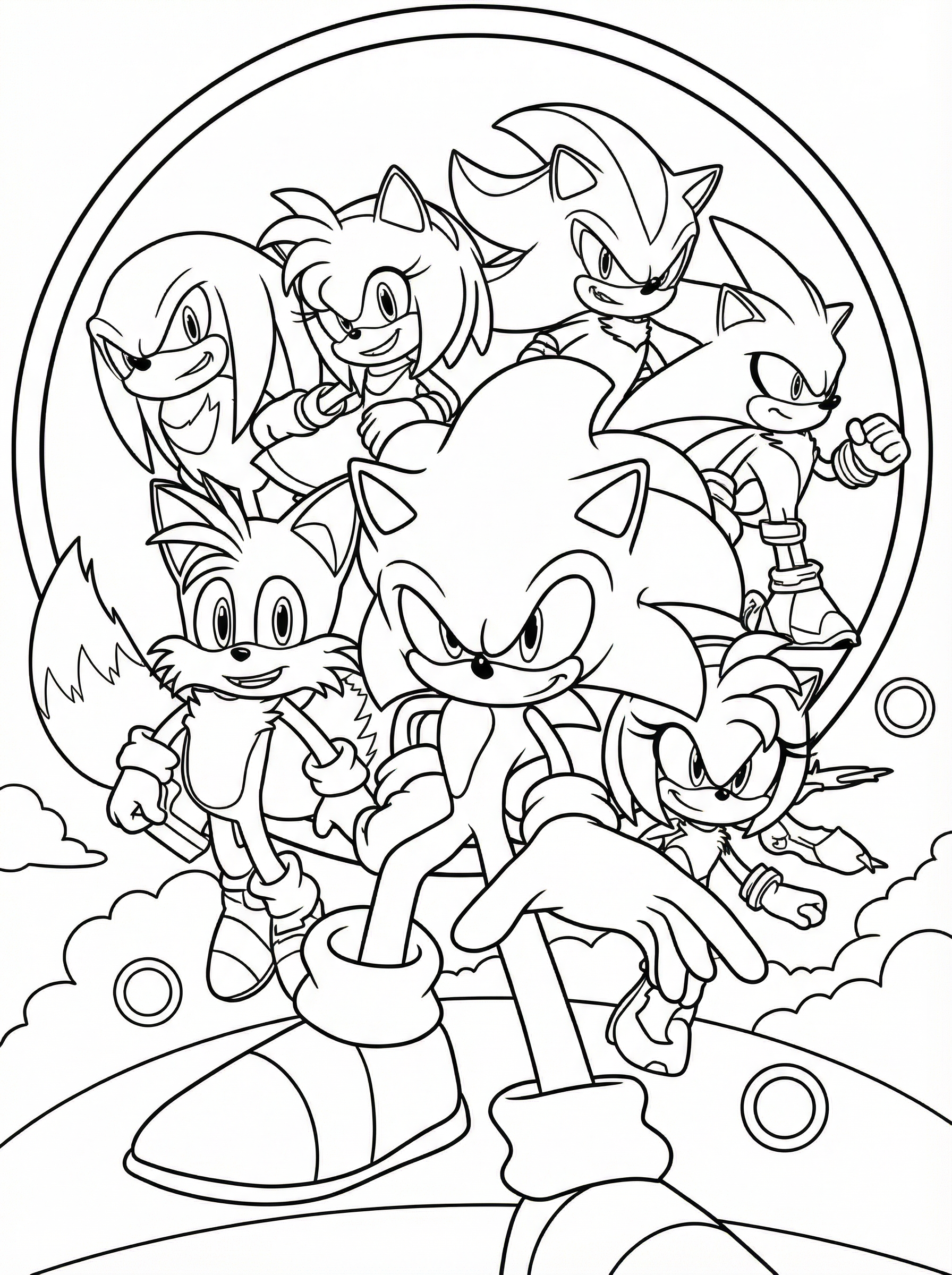 Black and white line drawing colouring page of Sonic the Hedgehog characters including Sonic, Tails, Knuckles, Amy Rose, Shadow and others posed together in a circular frame