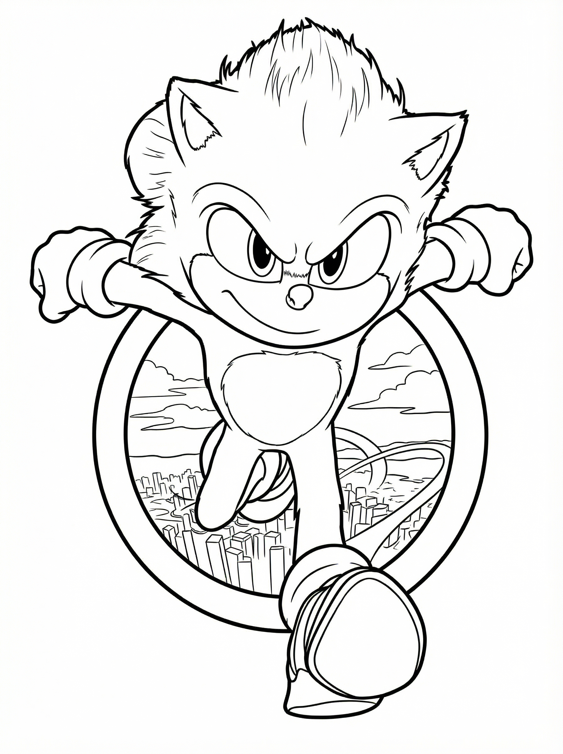 Black and white line drawing of Sonic the Hedgehog in running pose with determined expression, featuring his signature spiky quills and sneakers, with a circular cityscape background