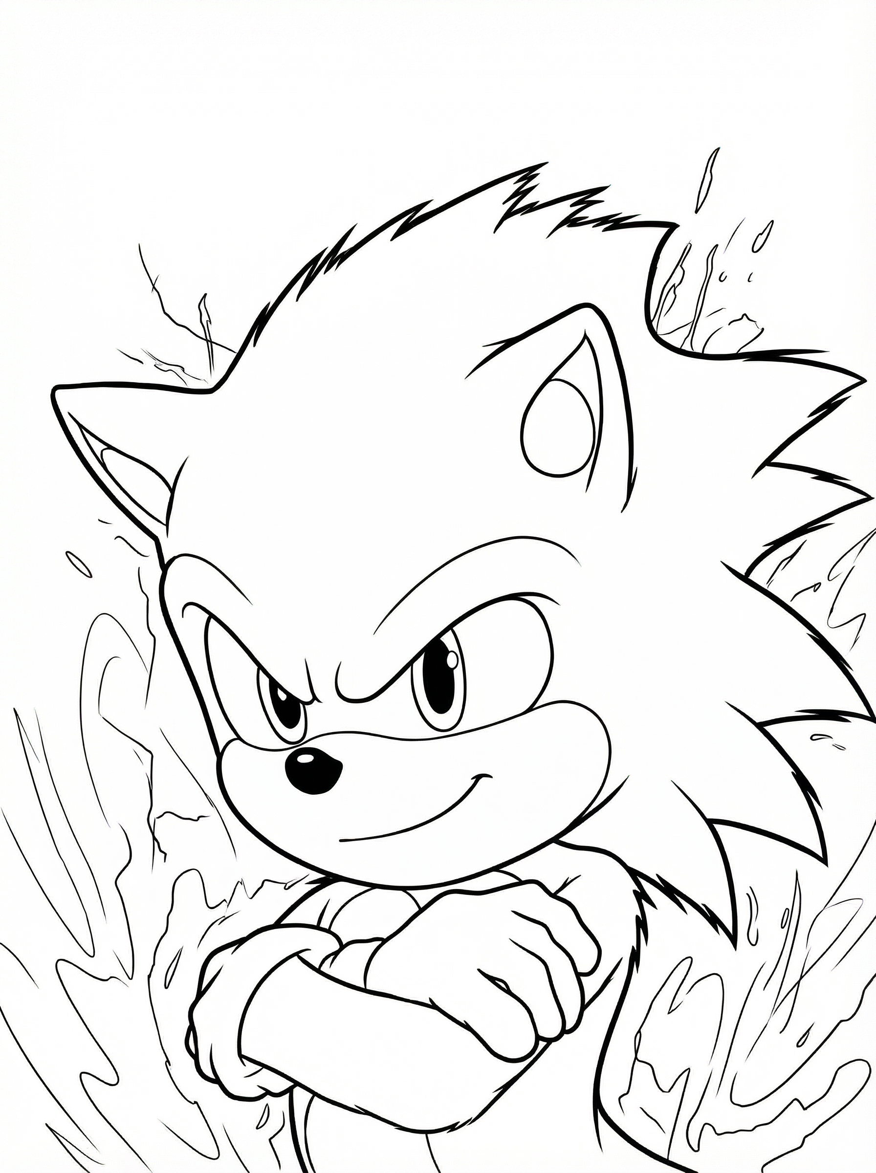 Black and white line drawing of Sonic the Hedgehog with arms crossed and determined expression, surrounded by speed lines