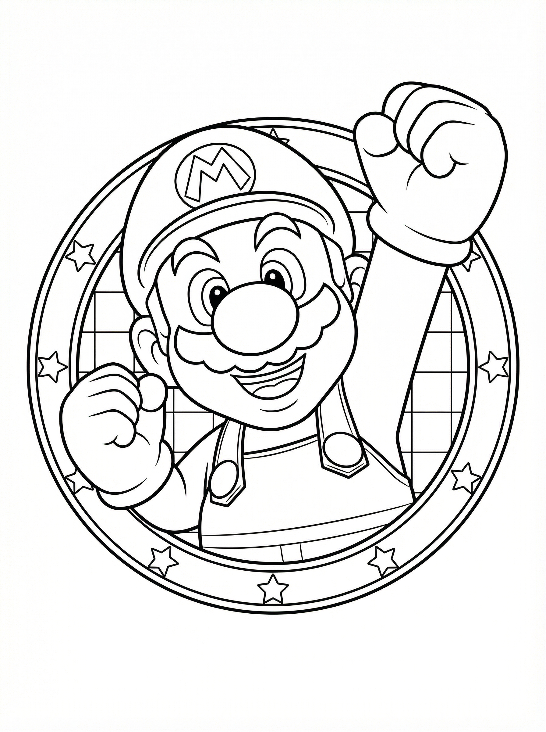 Mario from Super Mario Bros colouring page showing Mario with his iconic cap and moustache, raising his fist in celebration within a circular frame decorated with stars