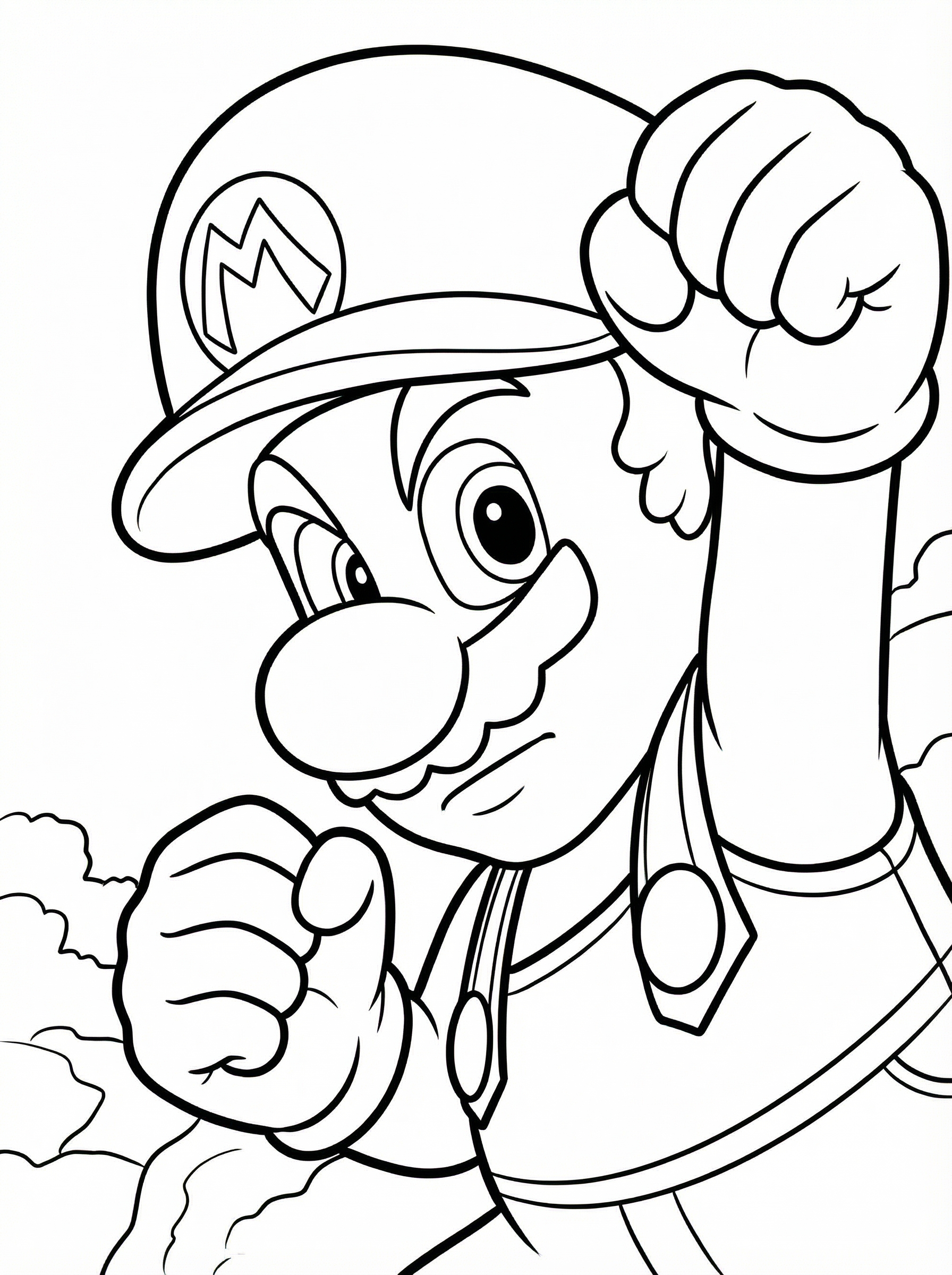 Black and white line drawing of Super Mario wearing his iconic cap with M logo, pointing forward with one hand raised in a fist, smiling cheerfully