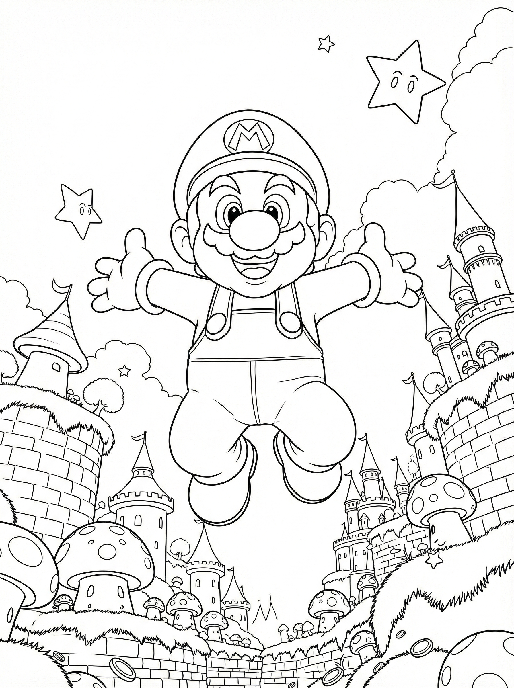 Colouring page of Super Mario jumping with arms outstretched in the Mushroom Kingdom, surrounded by castles, smiling stars, spotted mushrooms and brick walls