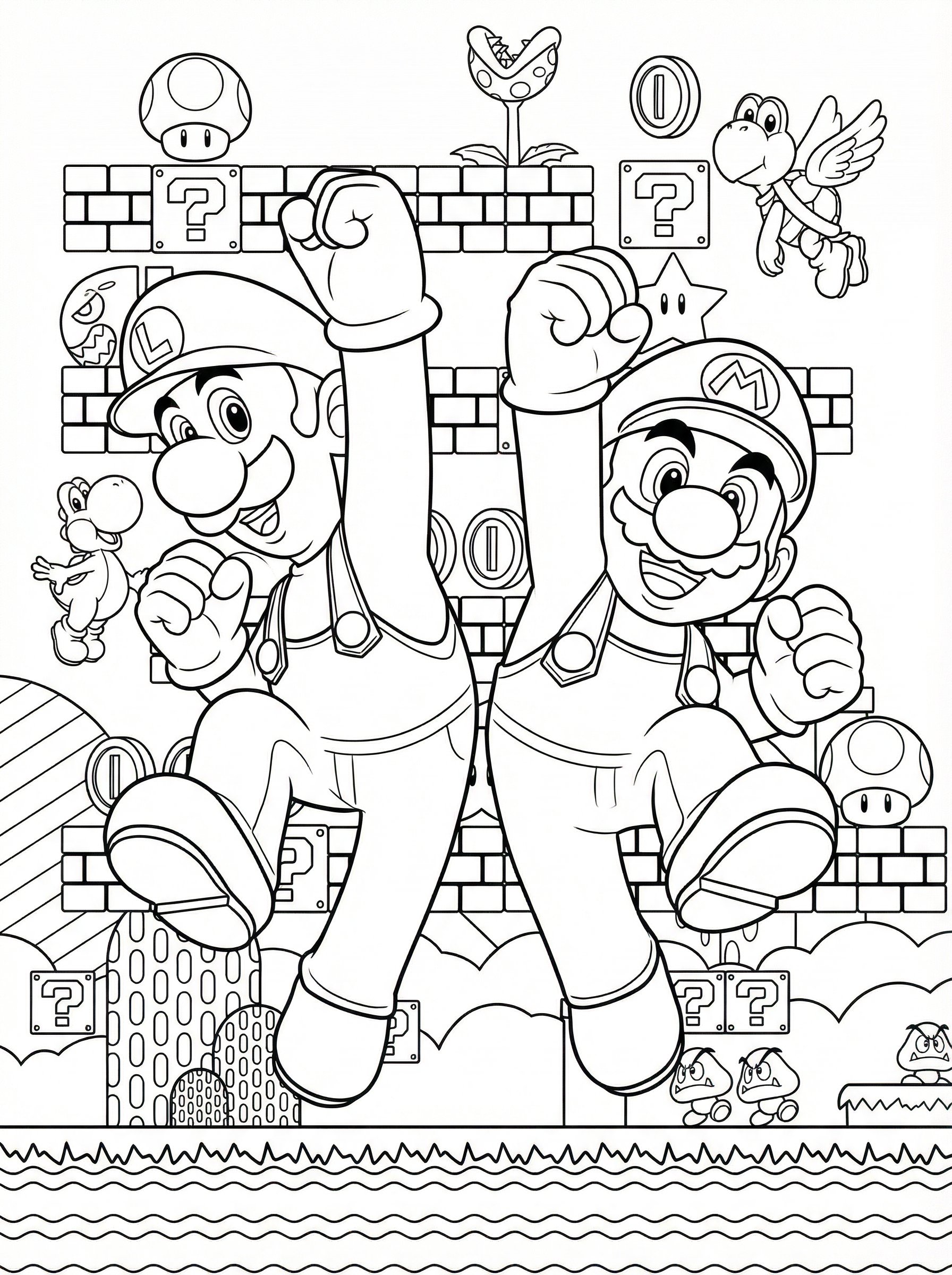 Black and white colouring page featuring Mario and Luigi jumping together with Yoshi, Koopa Troopa, Piranha Plant, question blocks, coins, mushrooms, and brick walls from Super Mario video game