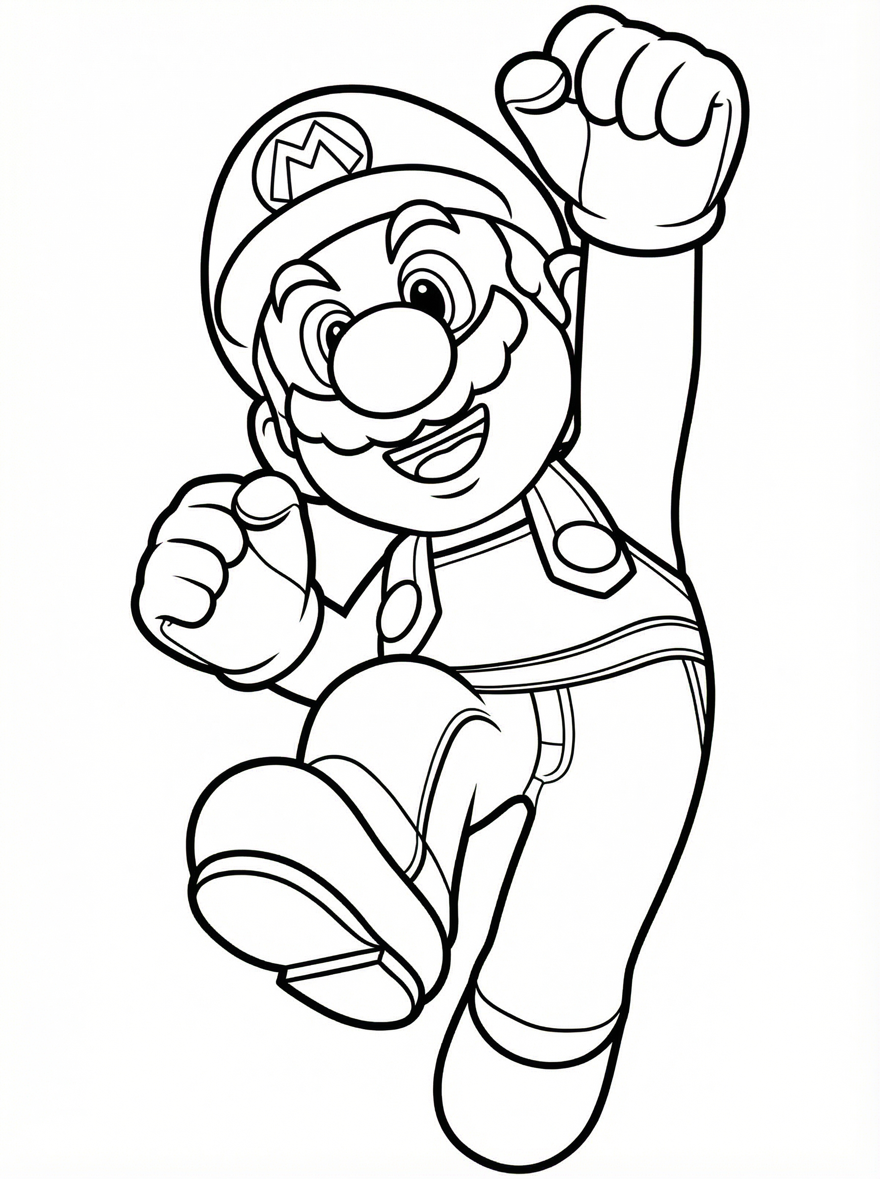 Black and white line drawing of Super Mario jumping with one fist raised in the air, wearing his iconic cap and overalls, ready to colour in